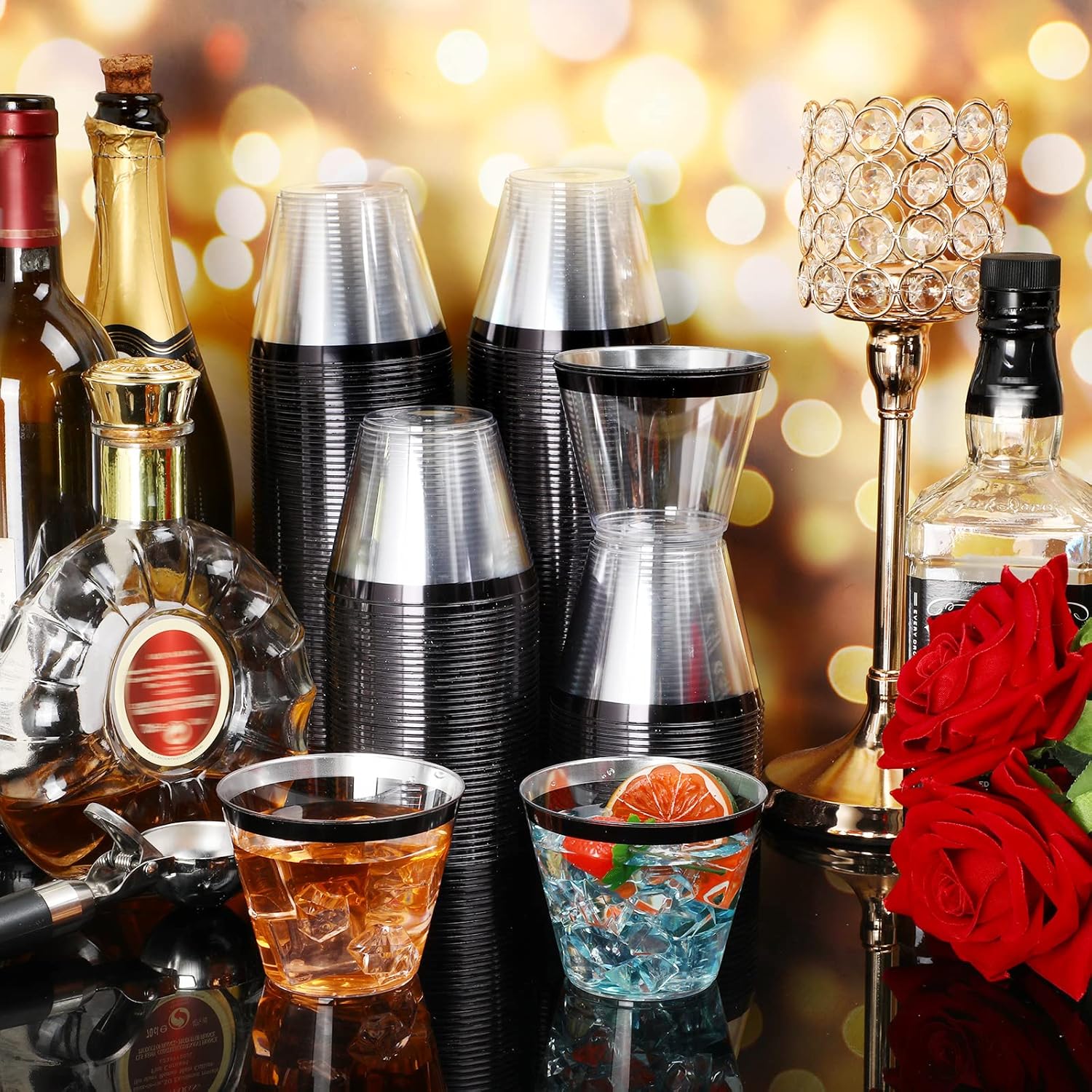 Patelai 200 Pcs Rimmed Plastic Cups 9 oz Disposable Wine Glasses Heavy Duty Plastic Clear Cocktail Cups for Party Wedding Birthday Bridal Baby Shower Holiday Celebrations Supplies(Black)