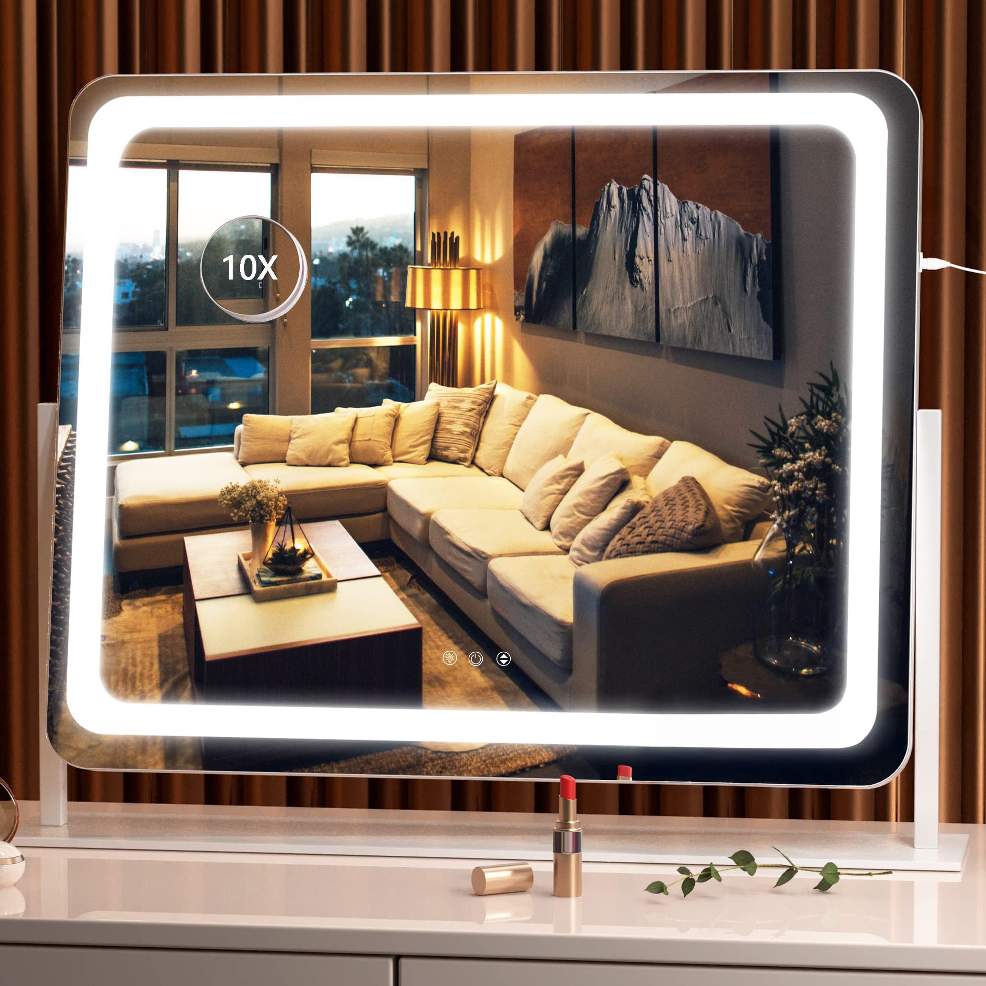 Sponsored Ad – Hasipu Vanity Mirror with Lights, 58 x 48cm LED Makeup Mirror, Light up Mirror with 10X Magnification and Brightness Adjustment, Smart Touch 3 Colors Dimmable, 360° Rotation (Round White)