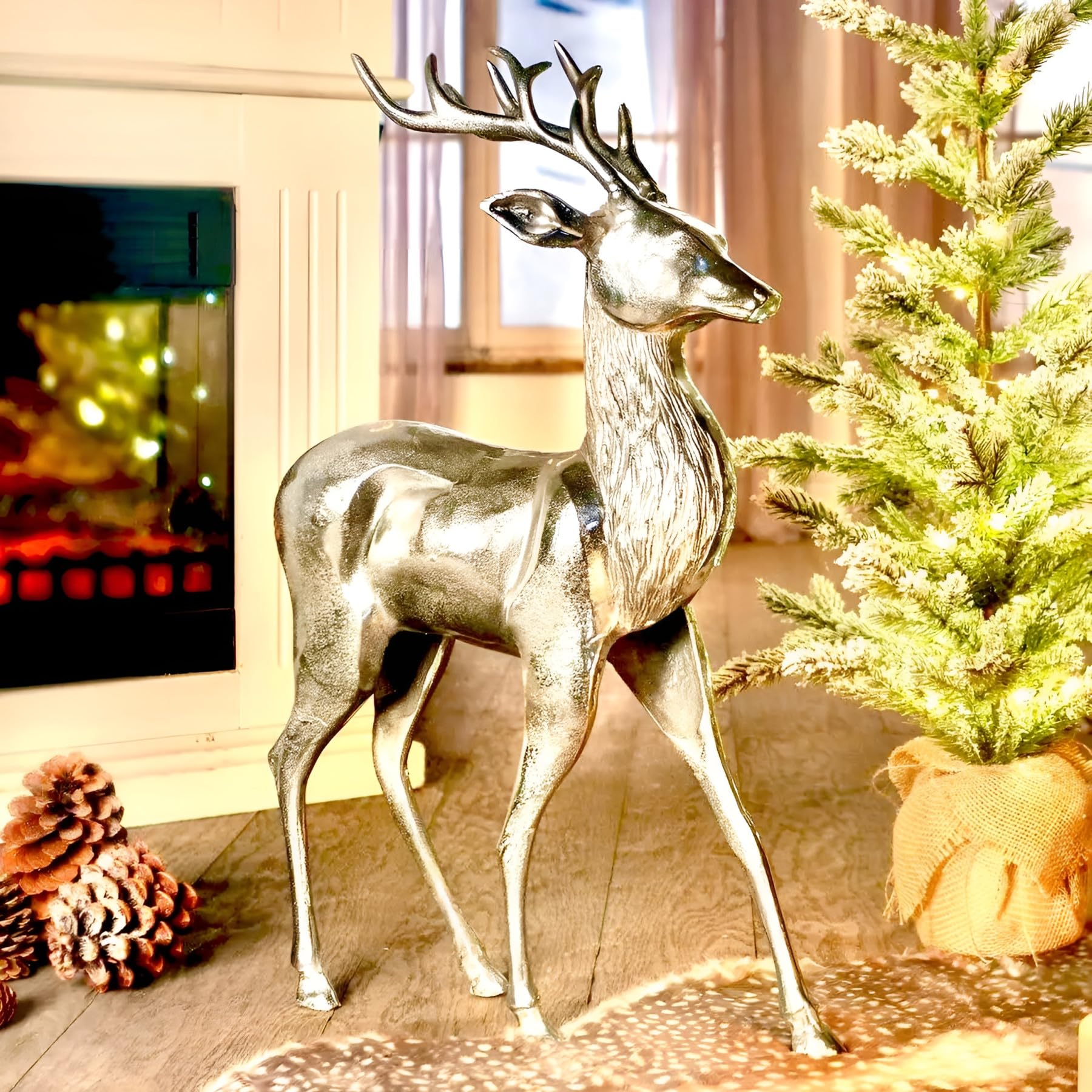 Dekoleidenschaft große Figur Hirsch aus Aluminium, Silber glänzend, edle Skulptur, 65 cm hoch, Tierfigur stehend, Wohnzimmer Deko