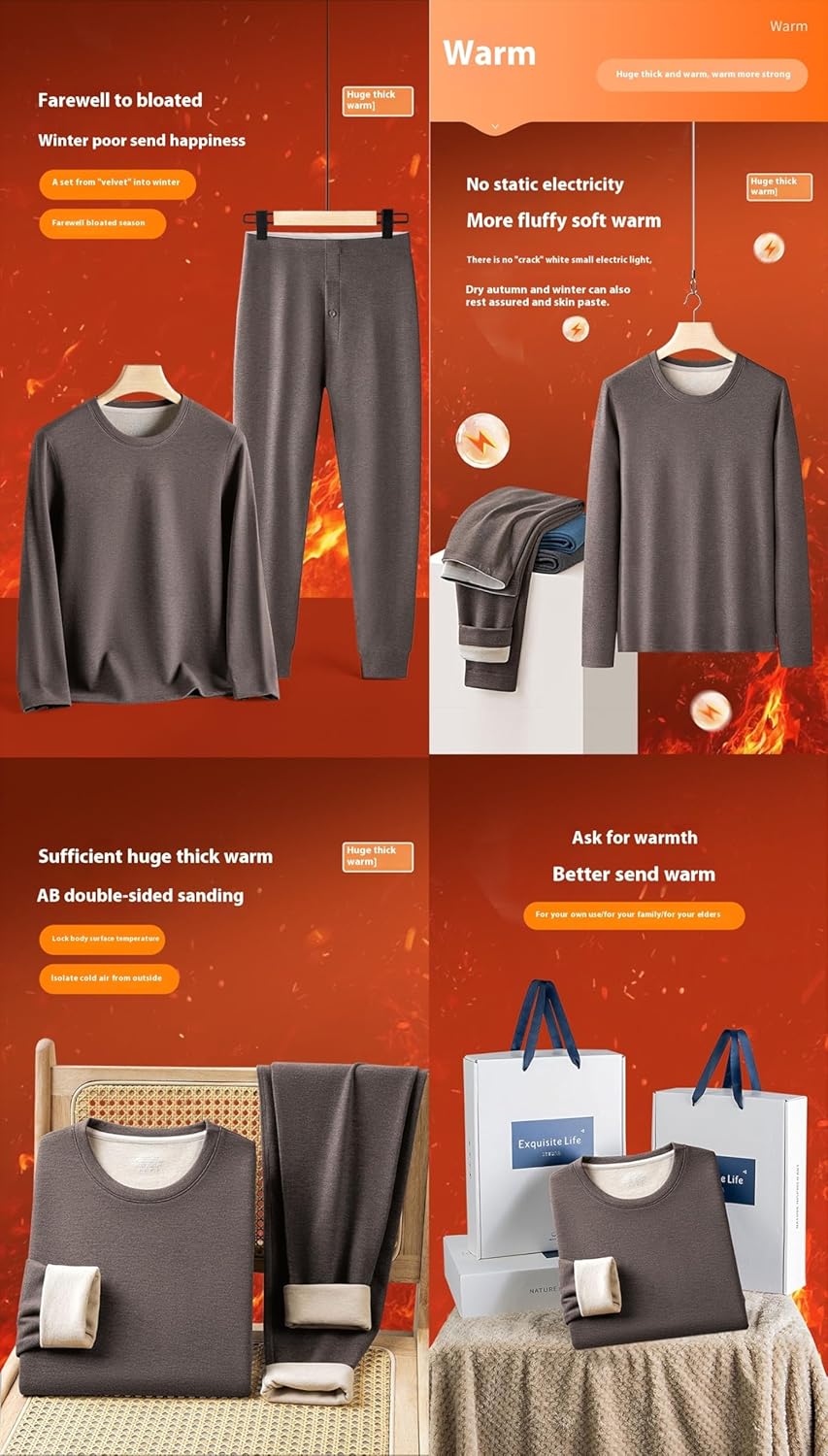 Men's Thermal Underwear Set, Base Layer Set Silk Wool Winter Thermal Set mens Long Johns with Fleece Lined Top Bottom