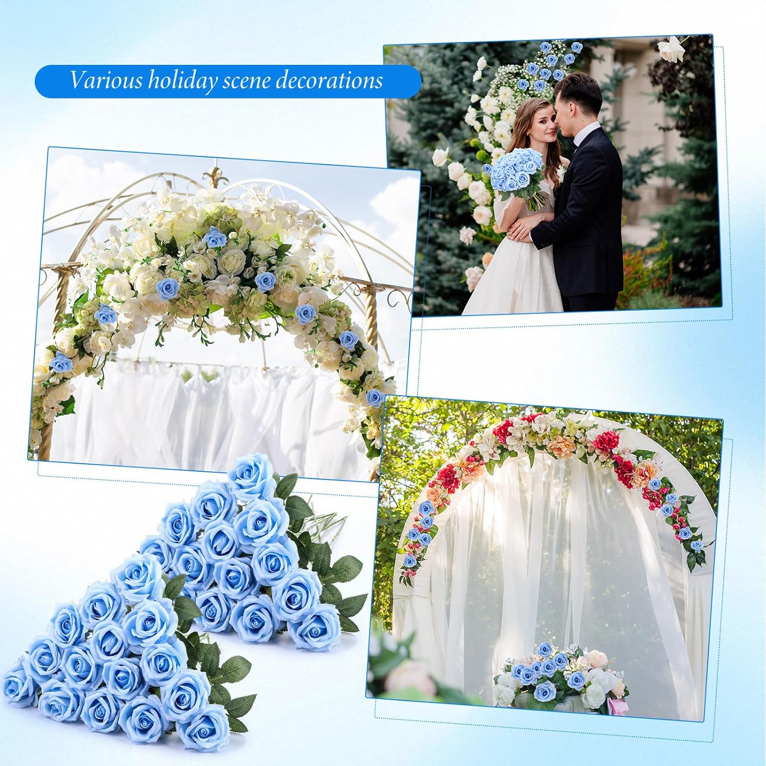 Hotop 40 Pcs Rose Artificial Flowers Bulk with Long Stem,Realistic Silk Fake Roses Bouquet for Home Wedding Centerpieces Party Table Decoration Valentines Gifts(Light Blue) - Image 7