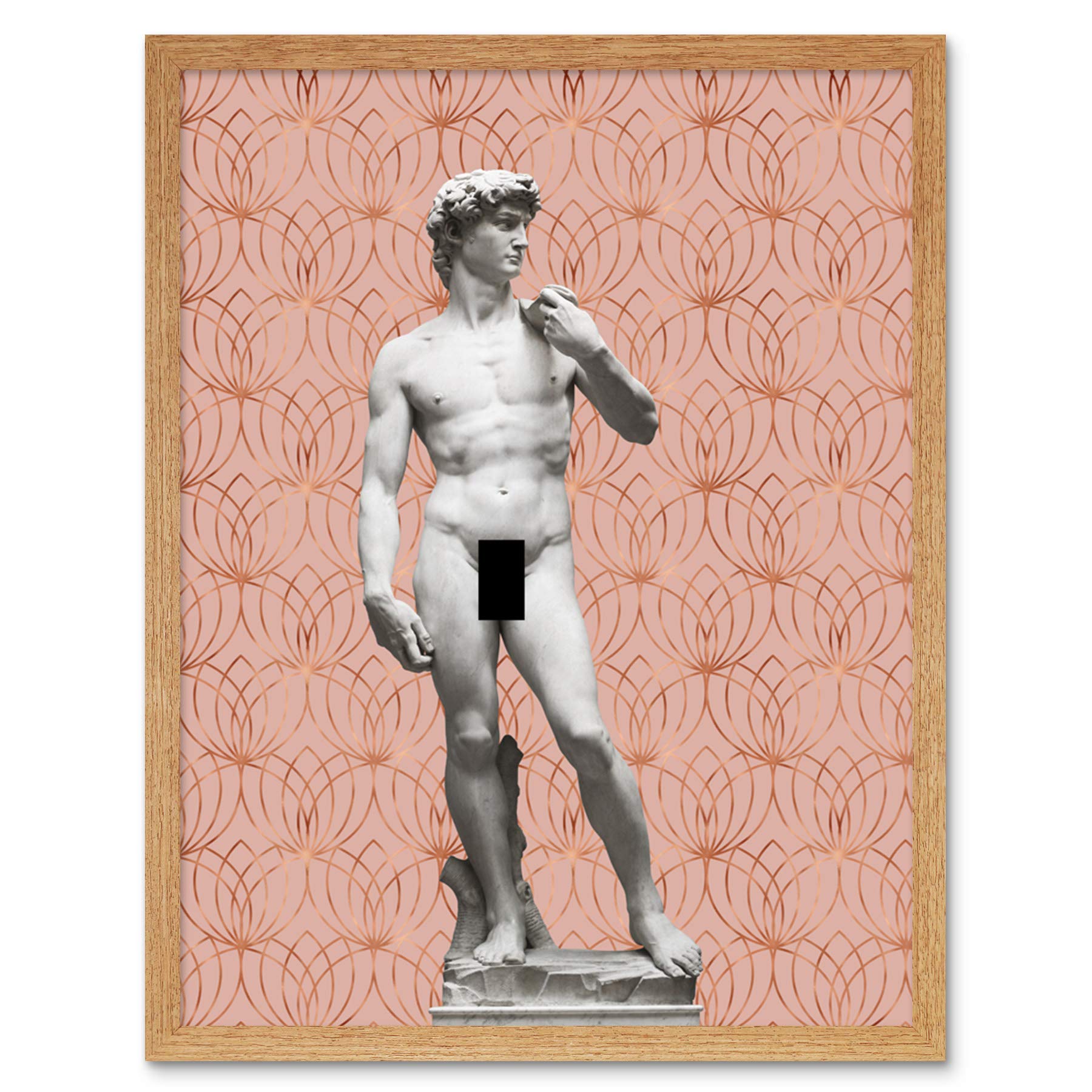 Artery8 Statue of David by Michelangelo Classic with Abstract Art Pink Lotus Gold Art Print Framed Poster Wall Decor 12x16 inch