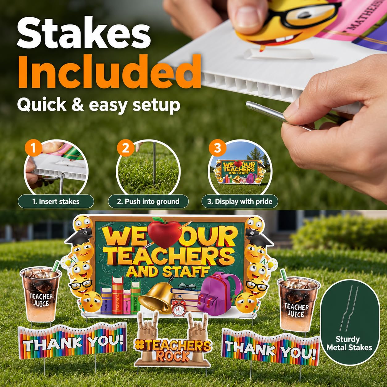 VictoryStore Lot de 6 cartes de remerciement géantes « We Love Our Teachers and Staff » - Imperméables - Avec piquets inclus