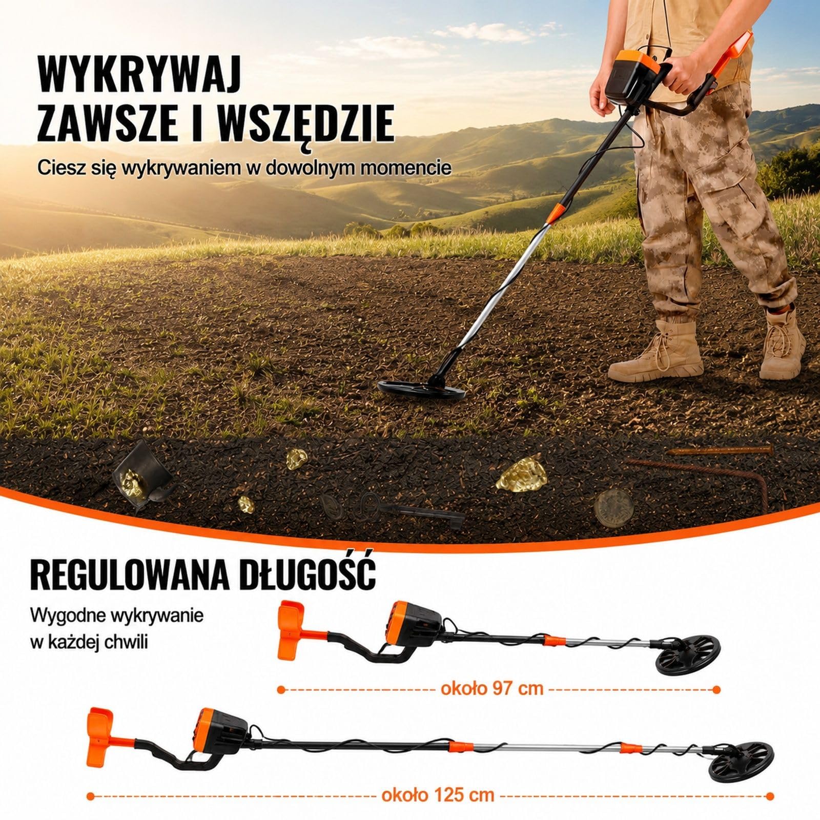 Zestaw wykrywacza metali, wskaźnik z wyświetlaczem, regulowany trzon, łopata, torba