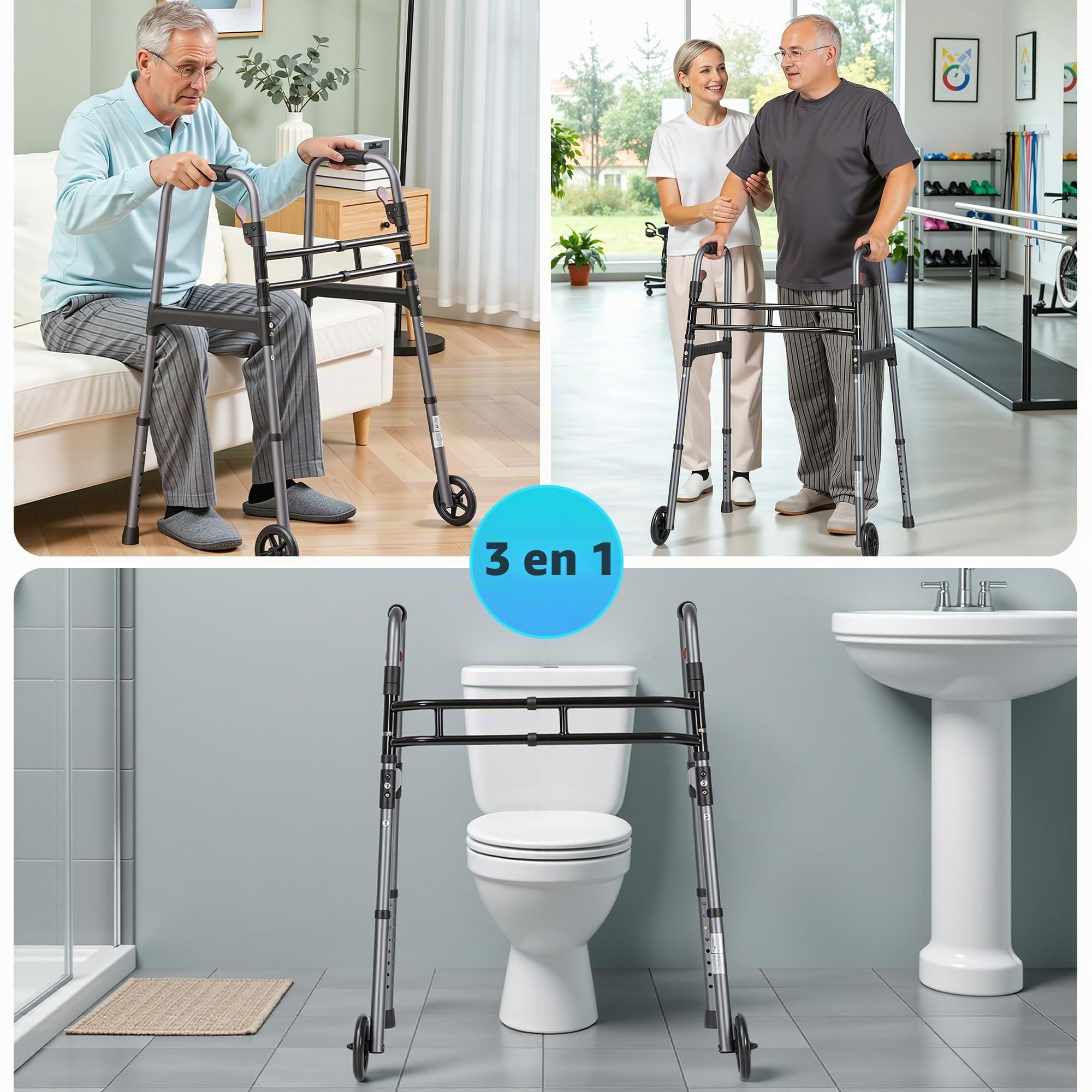 Careboda Marco plegable con diseño de barra doble, plegable y portátil con ruedas fijas de 12,7 cm, altura ajustable y función de disparador, para personas mayores y adultos