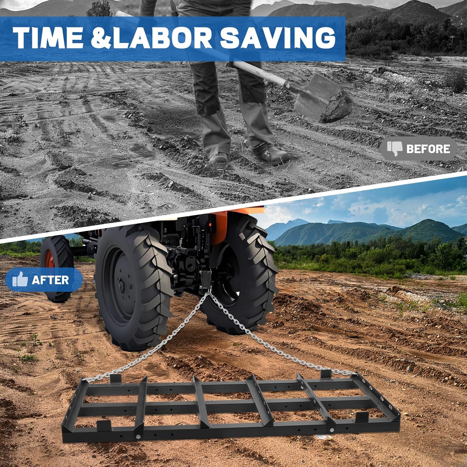 4 FT Drag Harrow Driveway Drag, Tow Behind Lawn Rake for Land Leveling,Heavy Duty Driveway Grader, Power Rake for Gravel, Soil, Hay