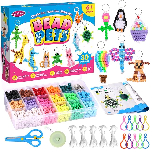 Funtopia Pony Beads, Create Your Own Bead Pets, Colorful Kandi Beads for Bracelets, Big Bead for Hair Braiding, DIY Jewelry and Crafts for Kids, Beginners and Adults (1500 Bead Kit, 30 Designs)