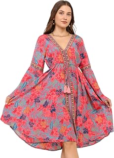 KE KANHA EXPORTS Dress for Woman|Boho Dresses for Women|Beach Wear|Border Print|Adjustable Tassel at Waist|Vacation Boho Casua|Easily fits S-M-L|Bust 32-38 in|Length 40 in Free Scrunchie Included