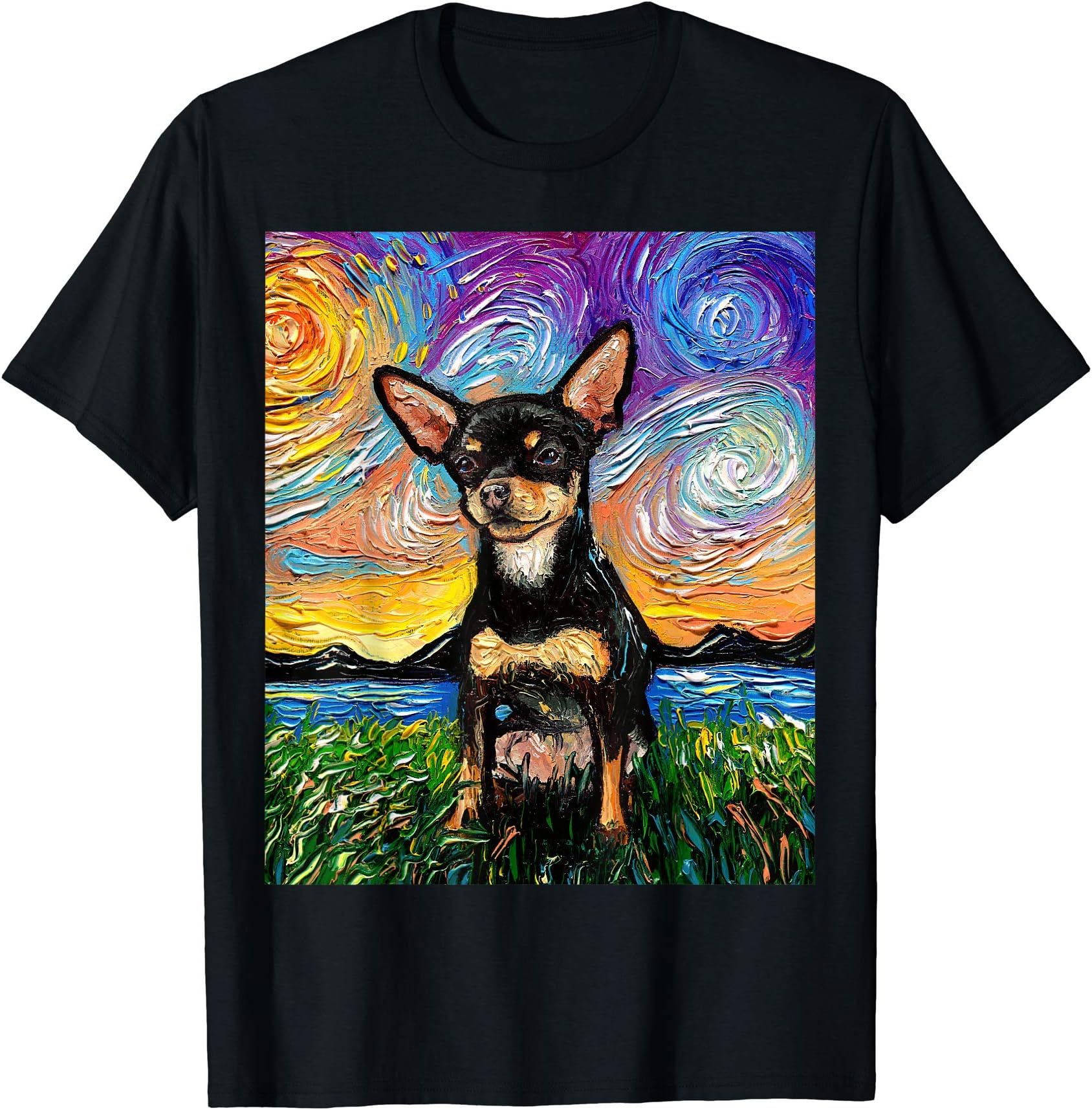 Sagittarius GalleryBlack and Tan Smooth Chihuahua Starry Night Dog Art by Aja T-Shirt