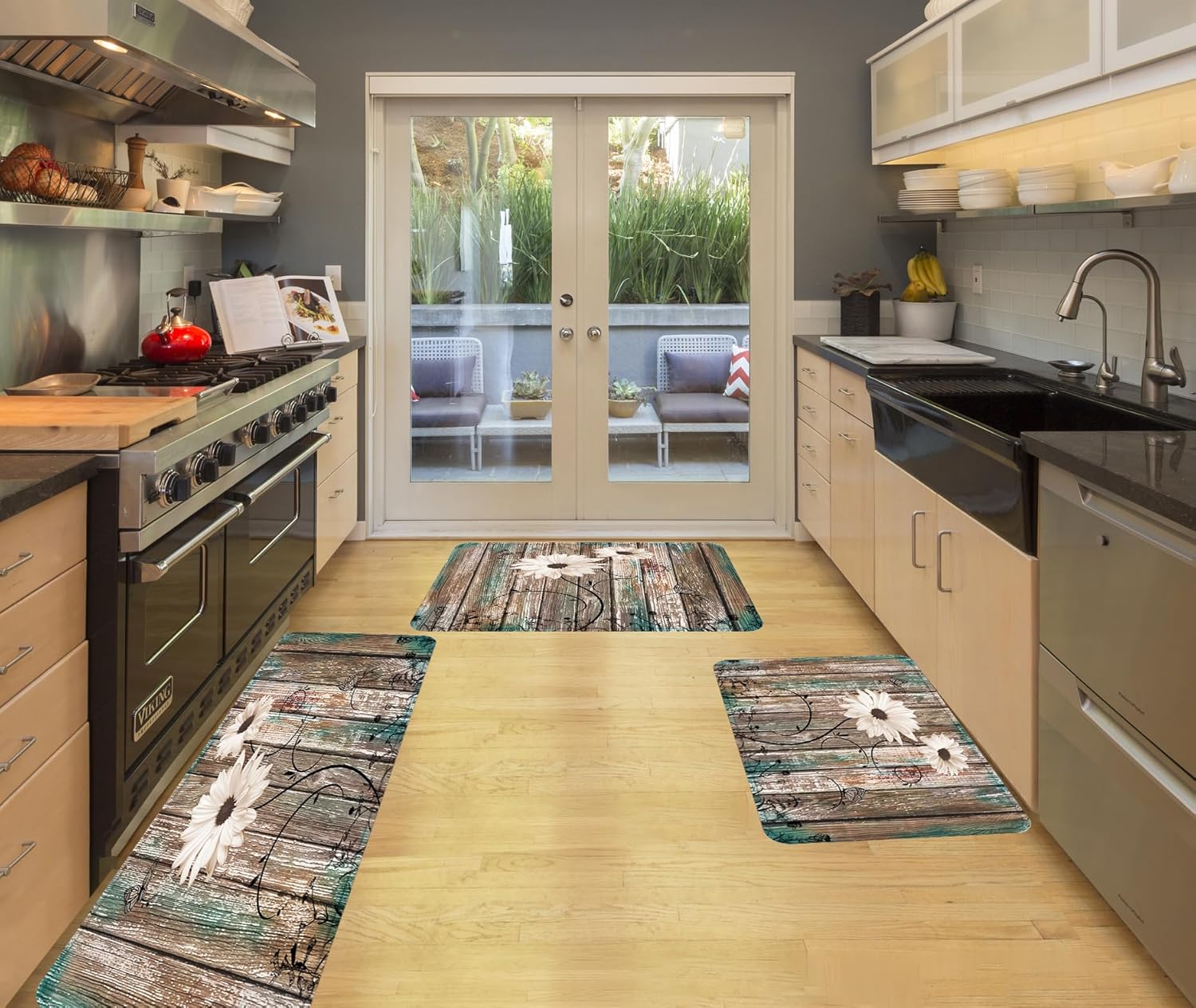 Rustic Flower Kitchen Rug Sets of 3 Pieces,Daisy Flowers Butterfly Vintage Floral on Barnwood Old Wooden,Comfort Standing Floor Mats Anti Fatigue Non-Slip Bathroom Runner Rug Washable Chef Sink Mat