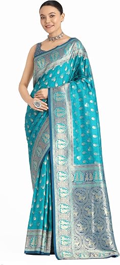 Monjolika Fashion Women's Zari Banarasi Silk Wedding Themed Designs Saree with Comes Unstitched Blouse Piece