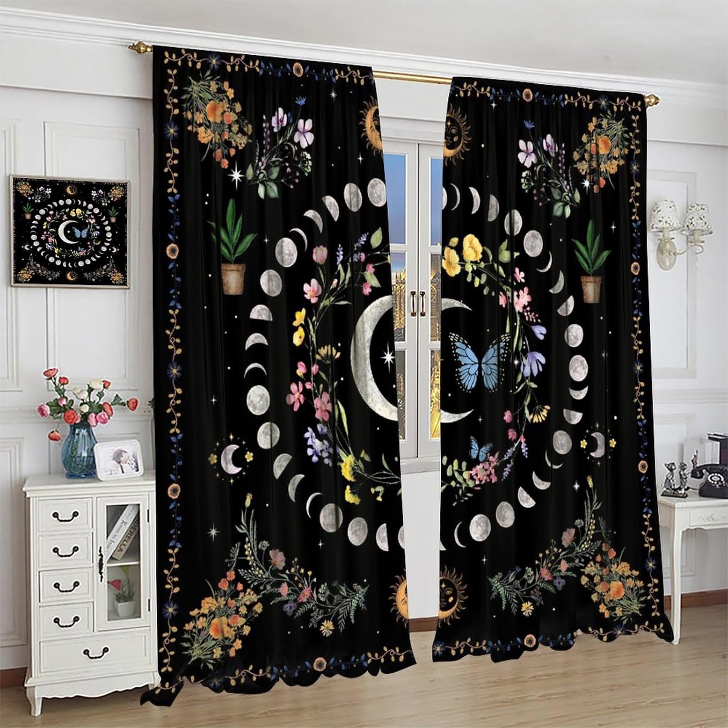 Moon Flower Bedroom Curtains, Natural Plant Phase Moon Moonlight Bohemian Natural Print Living Room Blackout Curtains 2 Panel Rod Pocket 42x45 Inch