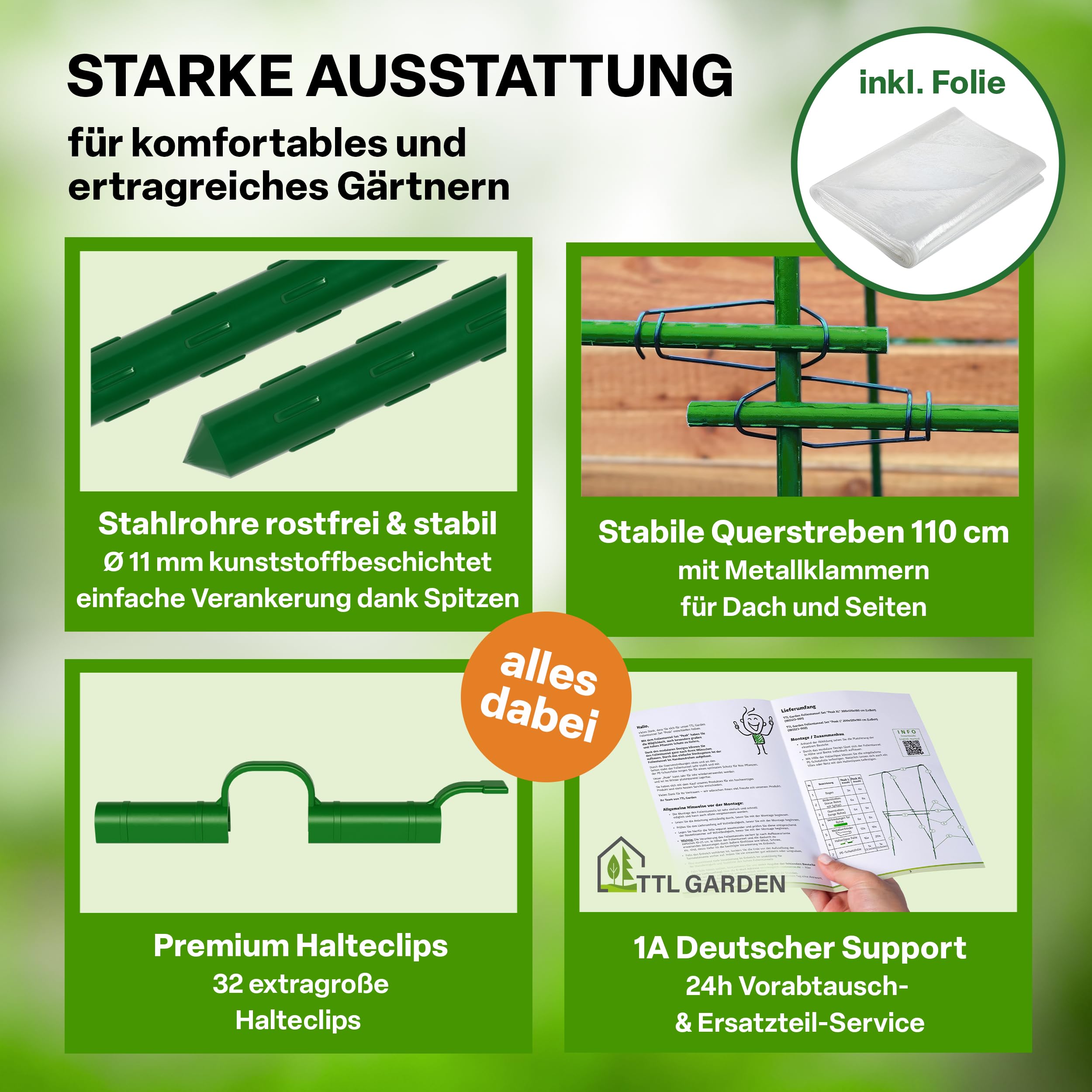 TTL GARDEN Peak XXL 400 - Túnel para plantas con lámina | - Cubierta para plantas grandes de 2 m de alto, 1,20 m de ancho, 4 m de largo, sistema de arcos de túnel, acero inoxidable