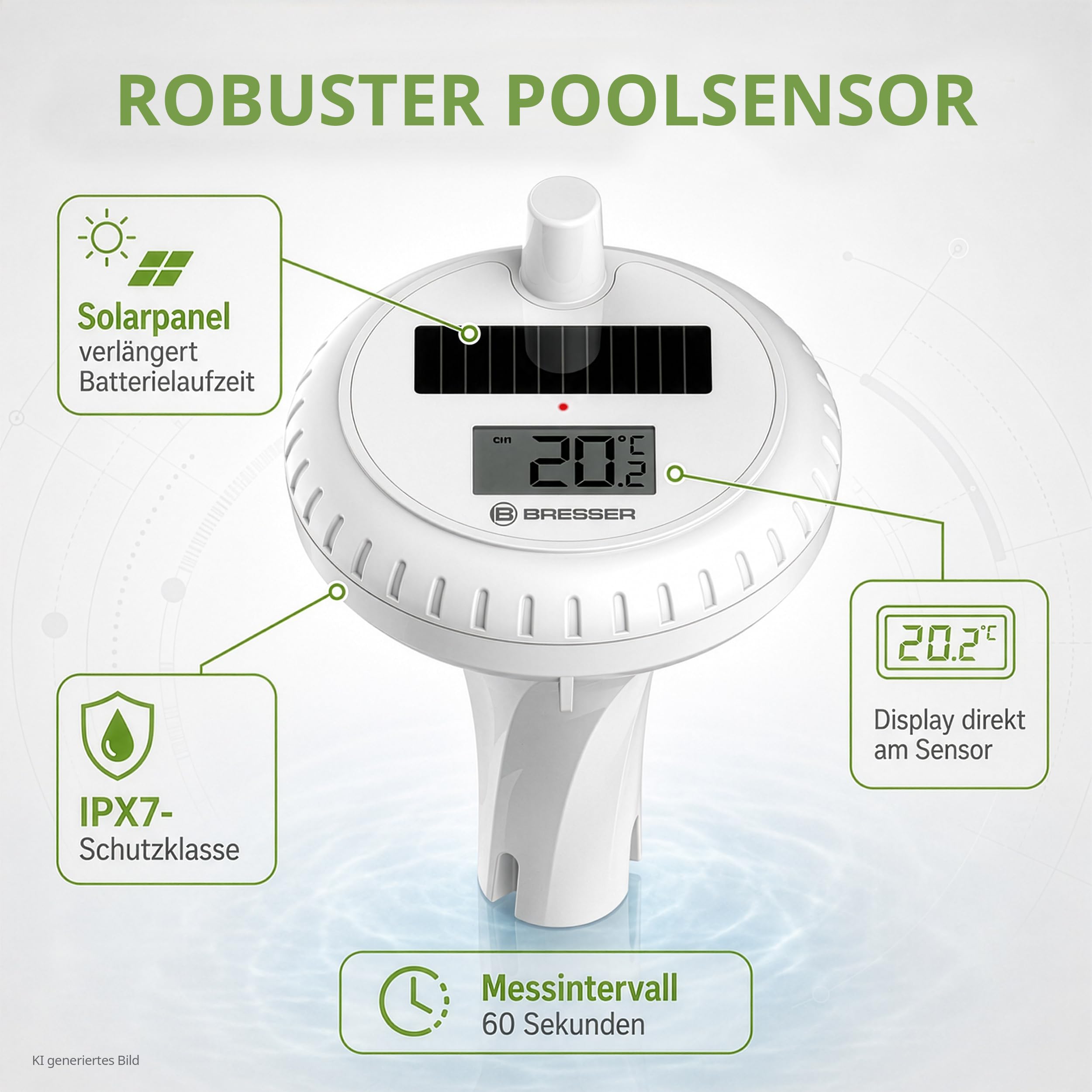 Termometro piscina wireless Bresser con pannello solare, temperatura acqua & stanza, allarme, orologio radio, IPX7