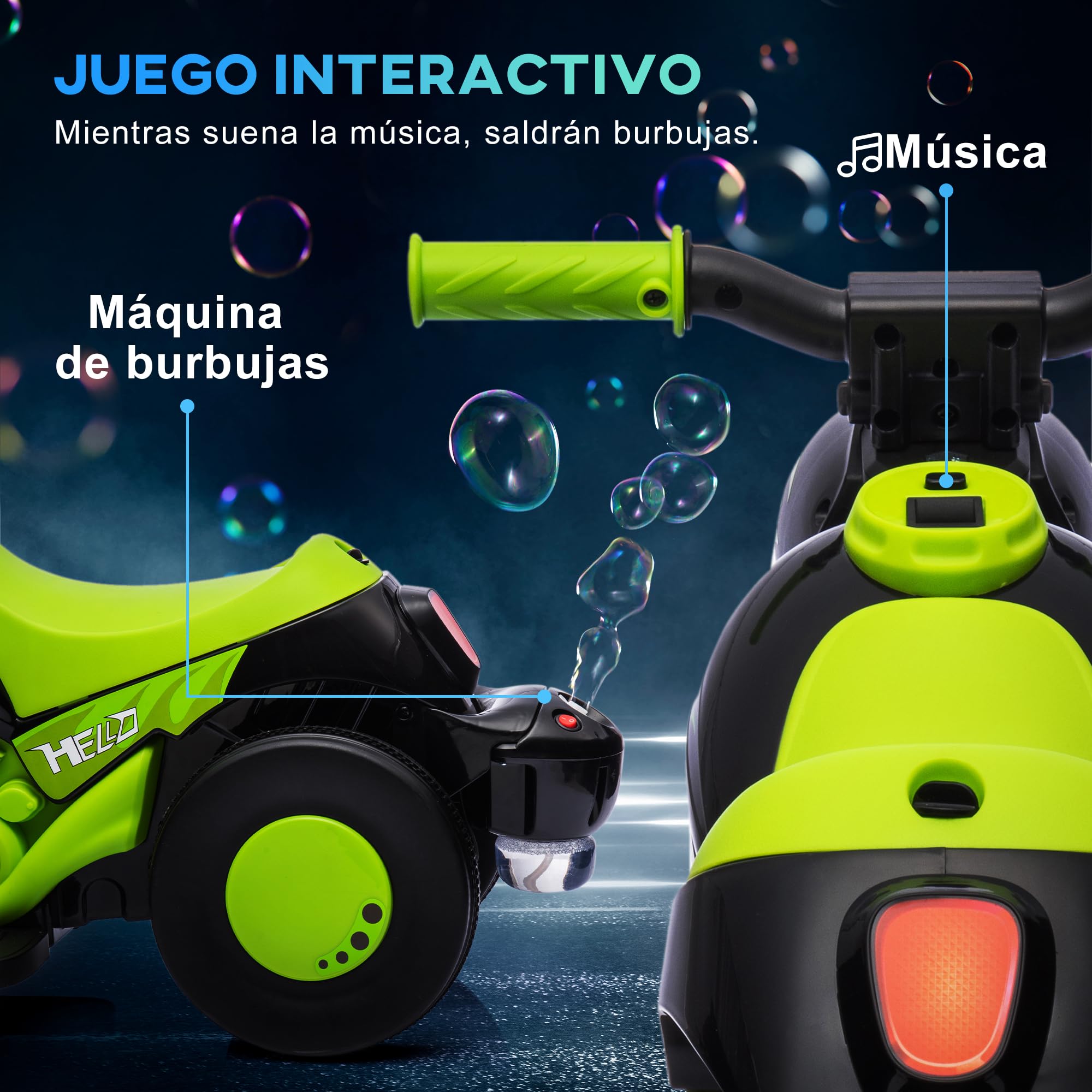 AIYAPLAY Moto Eléctrica para Niños de +2 Años 6V con Burbujas Faros Verde | Moto de Batería para Niños, Música, Velocidad 3 km/h, Carga 30 kg