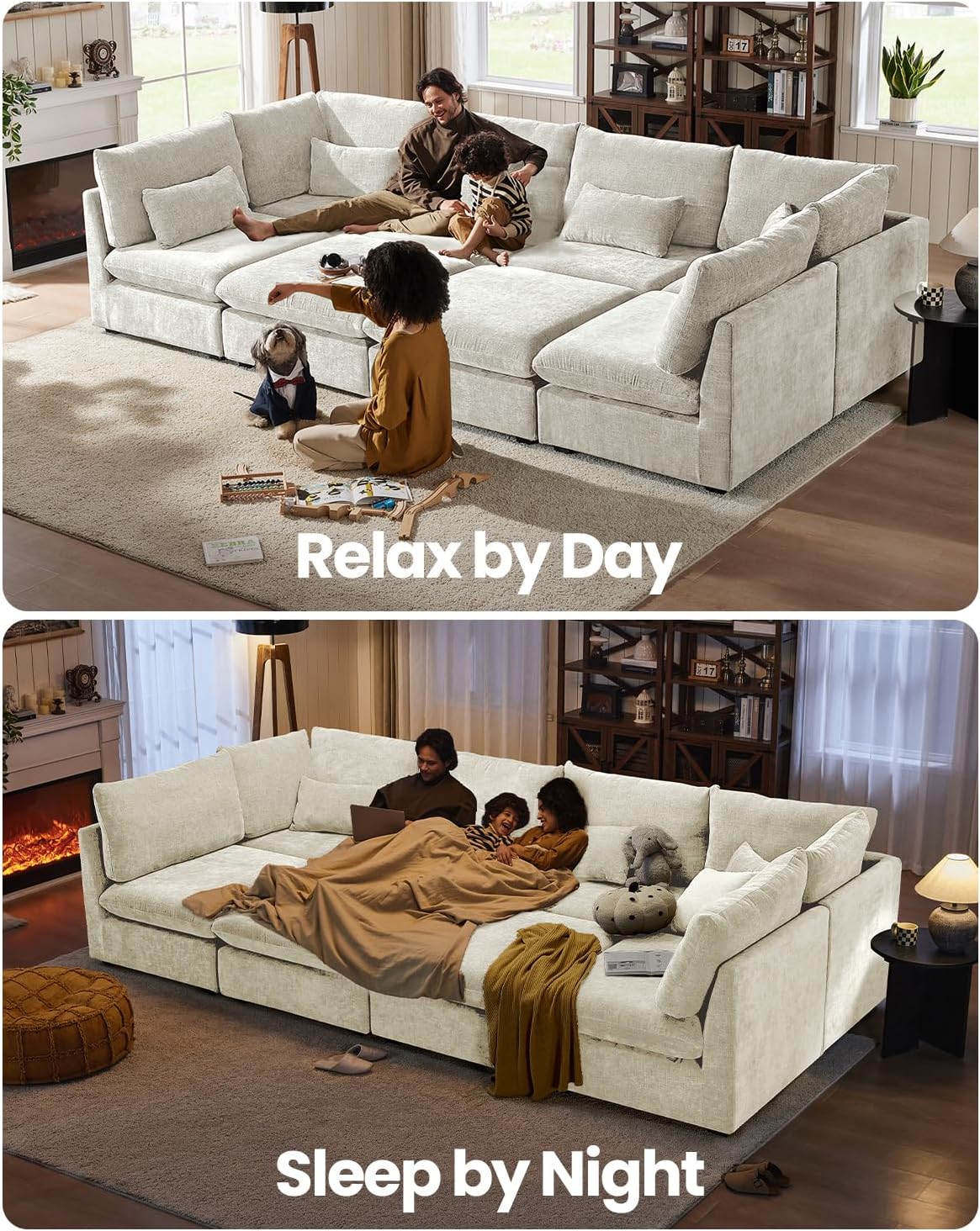 CHIC HOUSE 126" Oversized Chenille Modular Sectional Sofa, Extra Deep 6-Seater Sofa Modern Cloud Couch with Corner&Ottoman, Sectional Sleeper Sofa for Living Room, V-Shaped, Chenille, Beige