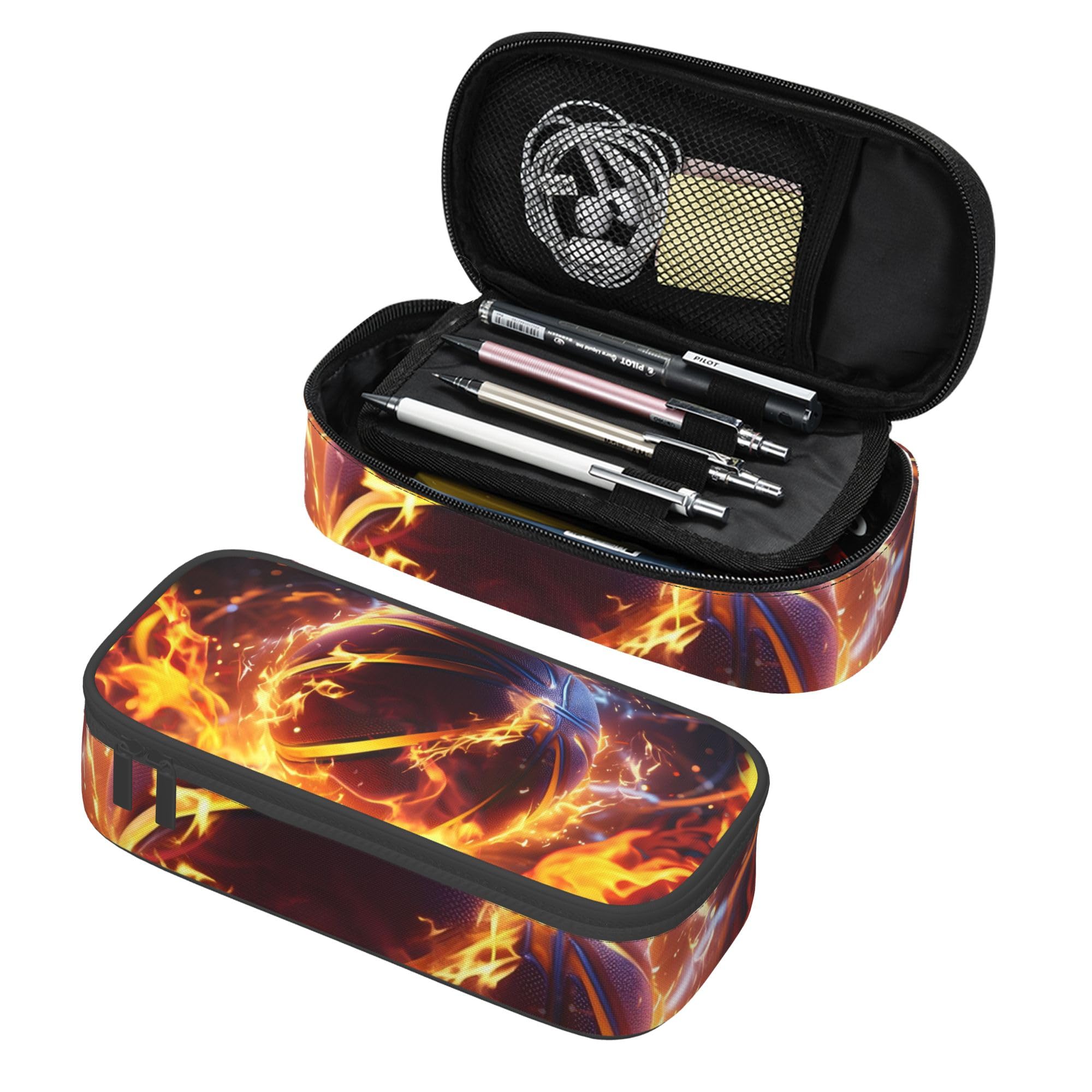 Flame Basketball Pencil Pouch for Girls, Large Capacity Pencil Case with Double Zipper & Compartments, Cute Portable Pen Bag for Kids School Supplies, Organizer for Calculator, Office & Travel