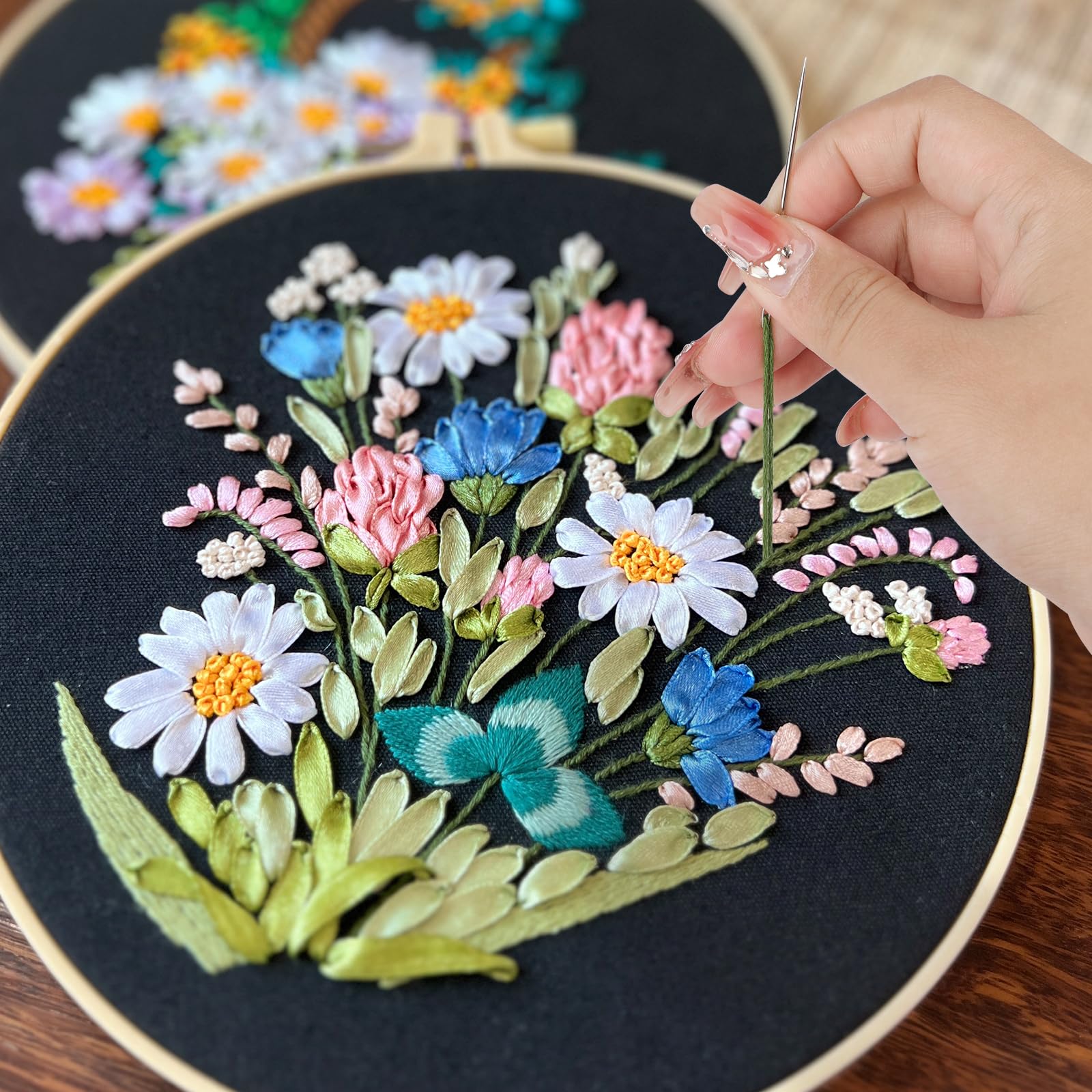Kit De Broderie Au Ruban 3D Pour Débutants - Kit Complet Fleurs Avec Cerceau, Aiguilles Et Fils Pour Adultes Et Enfants