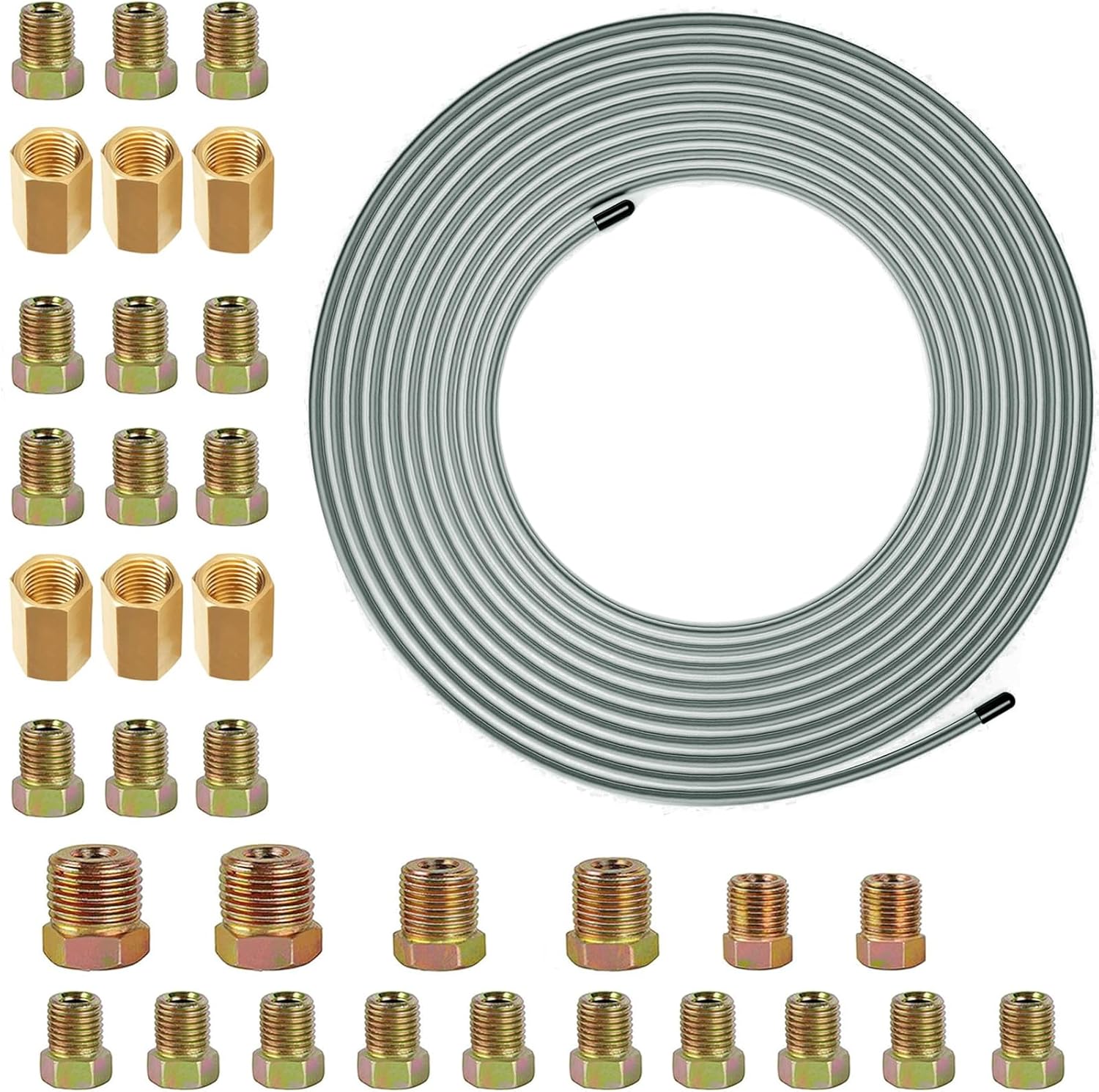 32.8Ft 3/16" Copper Coated Brake Line Kit With 28Pcs Fittings and 6 Threads Unions Flaring Tool Kit for Double & Single Flares