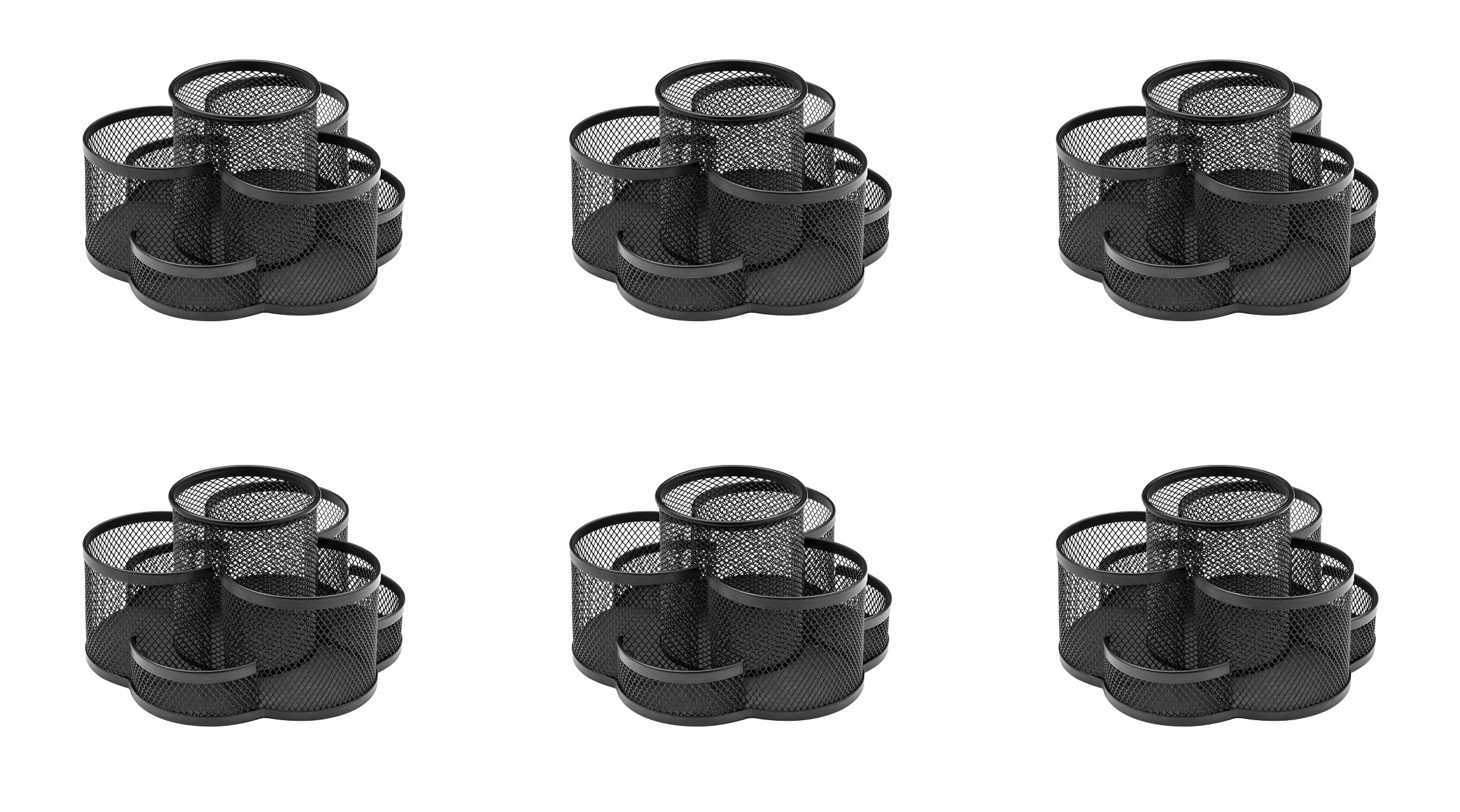 OSCO Wire-Mesh Rotating Pen Pot, Desk Organiser 360° Revolving Base 7 Compartments, Metal Mesh Desk Caddy for Pens, Pencils, Scissors & Office Supplies, 6 Pack, Black
