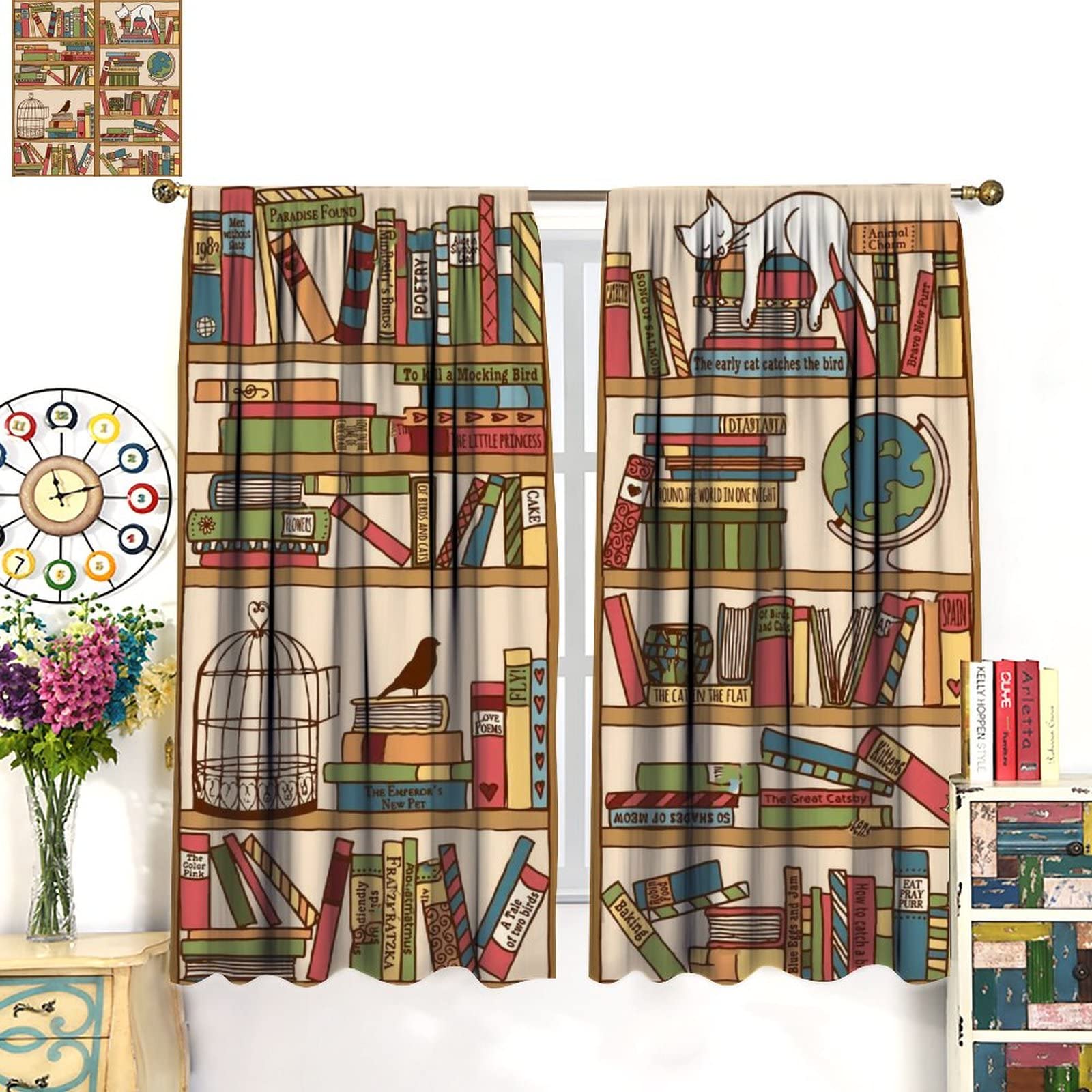 Bookshelf Blackout Curtains, Nerd Book Lover Hand Drawn Bookshelf with Sleeping Cat Design Window Drapes for Kids Boys Girls Living Room Bedroom Decor Room Darkening, Noise Reducing 42x45in