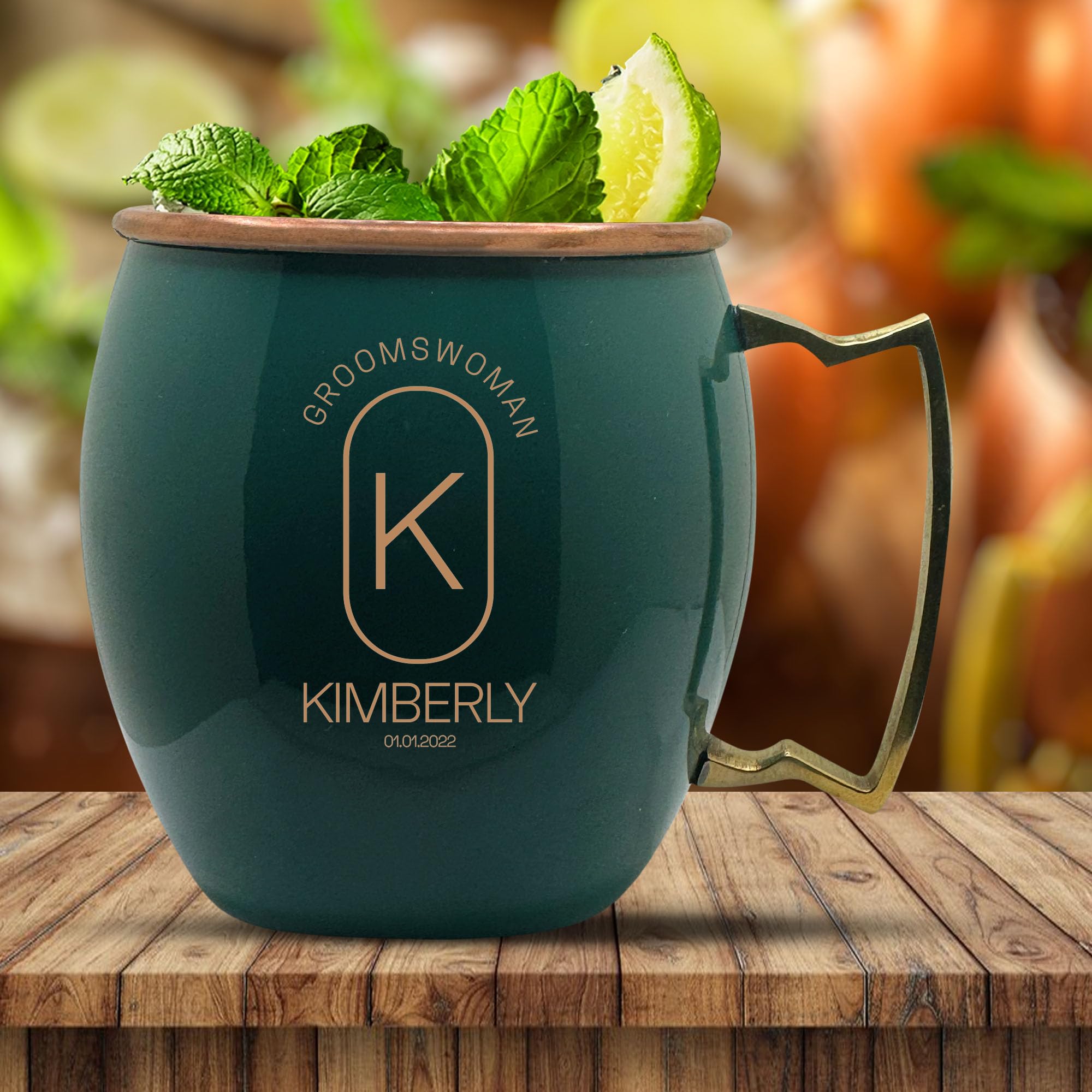 Custom 100% Copper Moscow Mule with Smooth Painted Finish - Engraved Bar Style Cup with Personalized Groomswomen Monogram Oval Border Themed Engraving, Brass Handle | 18 oz, Green | Set of 4