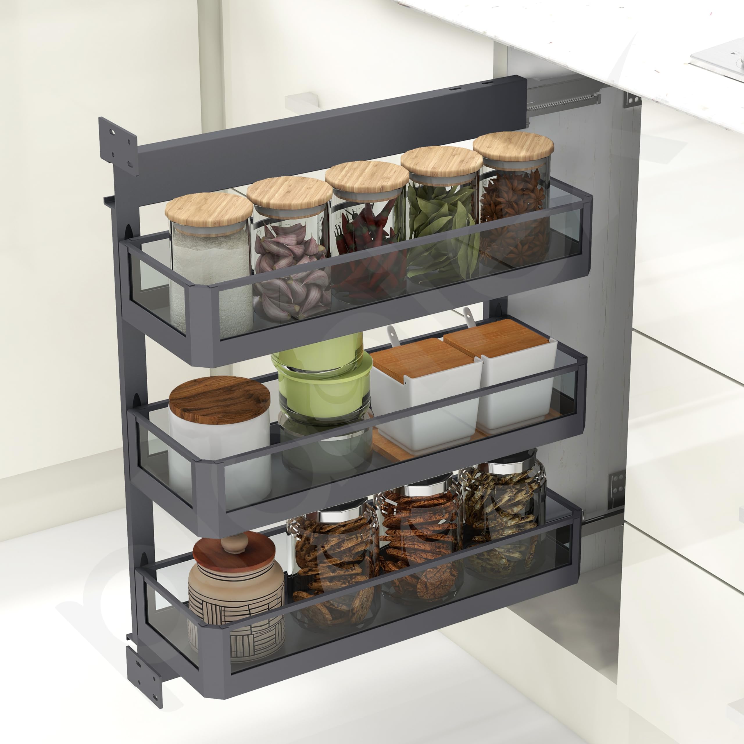 Plantex Kitchen Cabinet Side Mounted Bottle Pull Out Unit/3-Tier Organizer with Soft Close/Heavy-Duty Storage for Modular Kitchen - (250mm, Grey)-image-33