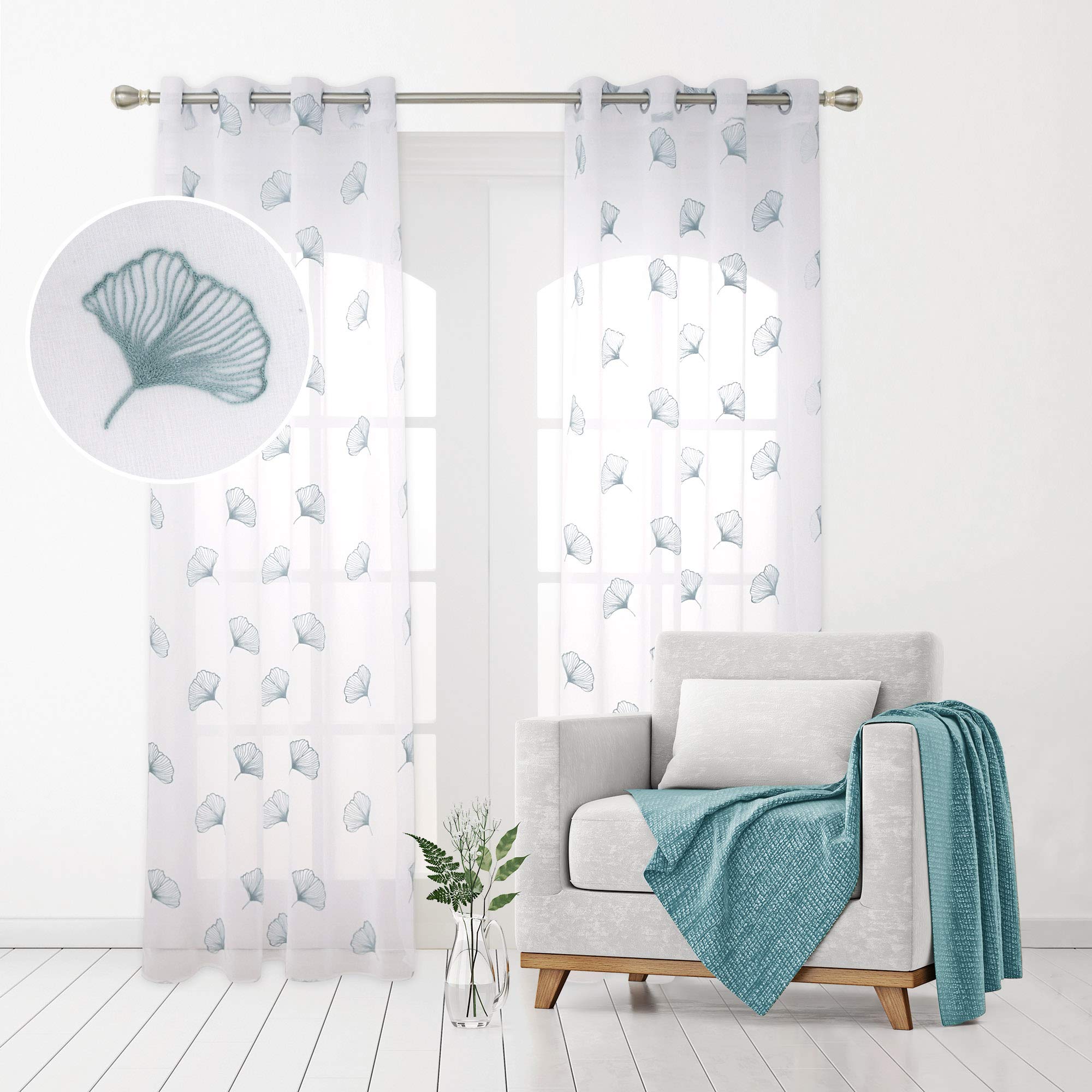 Deconovo Eyelets Linen Effect Sheer Curtains Home Decorative Voile Curtains Home Decorative Embroidered Net Curtains for Bedroom 55 x 110 Inch Blue One Pair — image 1