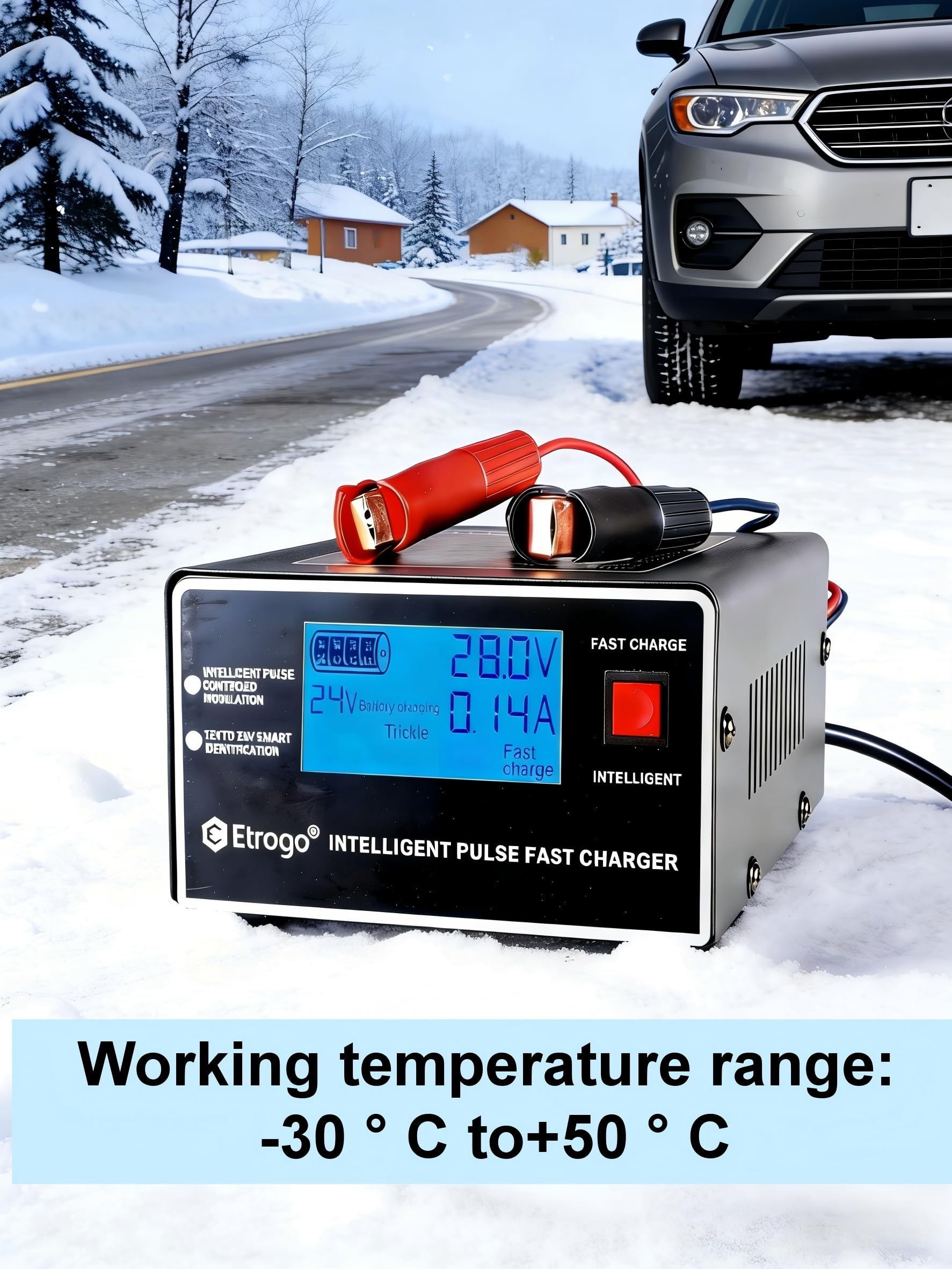 Etrogo Cargador Coche 12V 24V 10A 250W de Pulso Inteligente con Función Automática de Detección Reparación Mantenimiento con Pantalla LCD