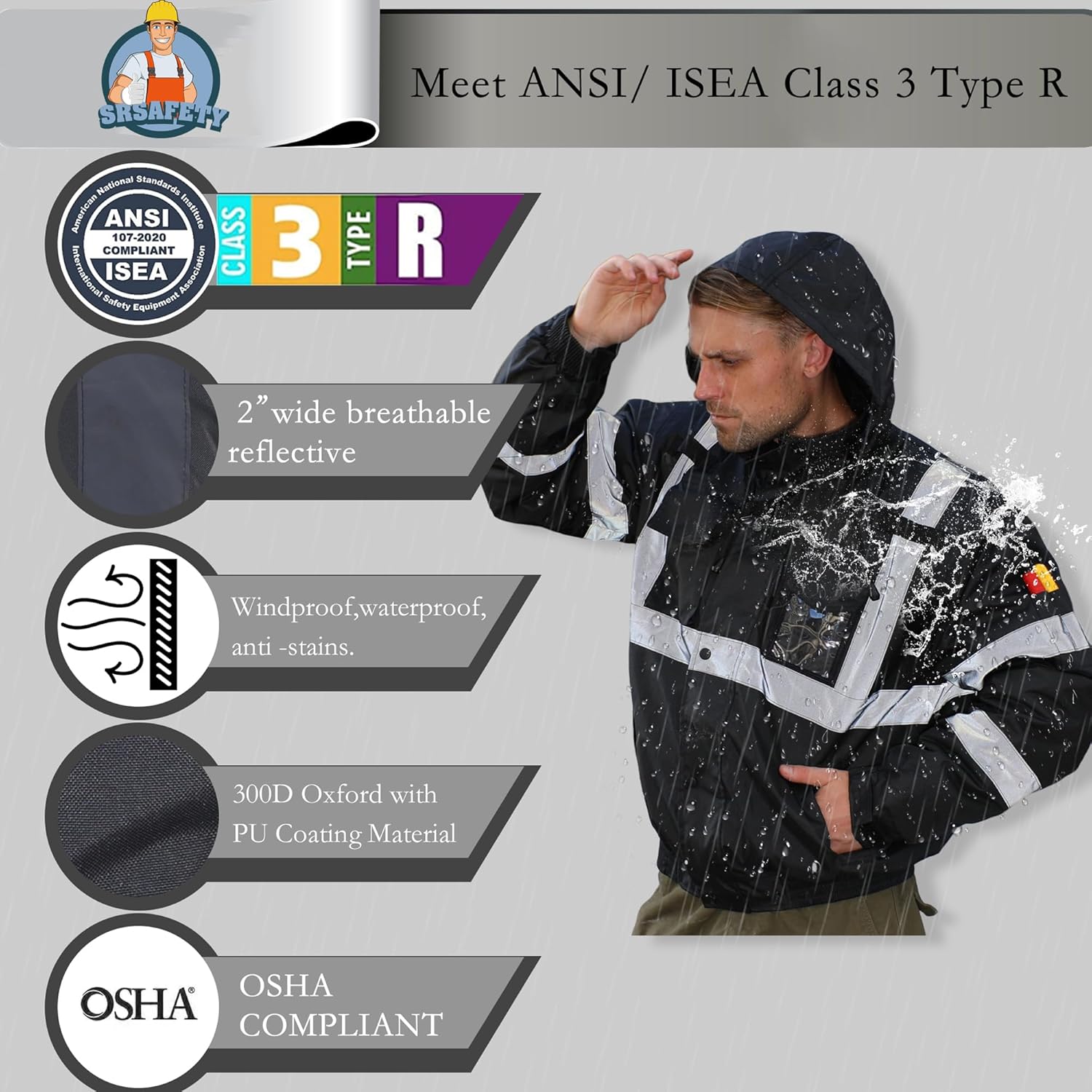 SRsafety High Visibility Safety Jacket,Reflective Waterproof Jacket with Black bottom,Construction Work Jacket for Men/Women