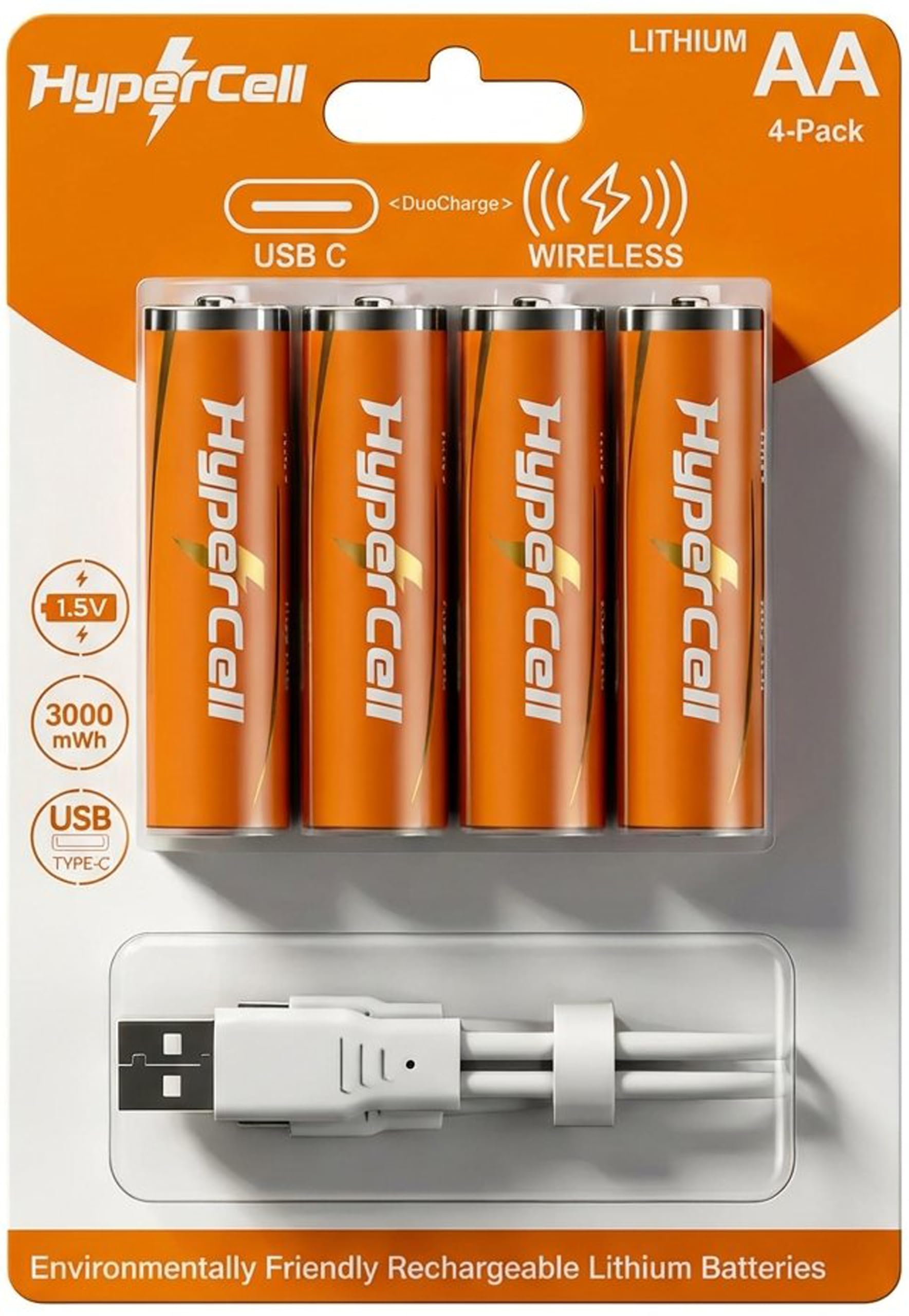 Hypercell® AA Rechargeable Batteries | 1.5V High Capacity 𝕃𝕚𝕥𝕙𝕚𝕦𝕞 3000 mWh | Dual Fast Charge (USB‑C Direct + Wireless Charge),1500+ Cycles| 15‑Year Lifespan| OEM 3 Years Warranty| Made in U.S