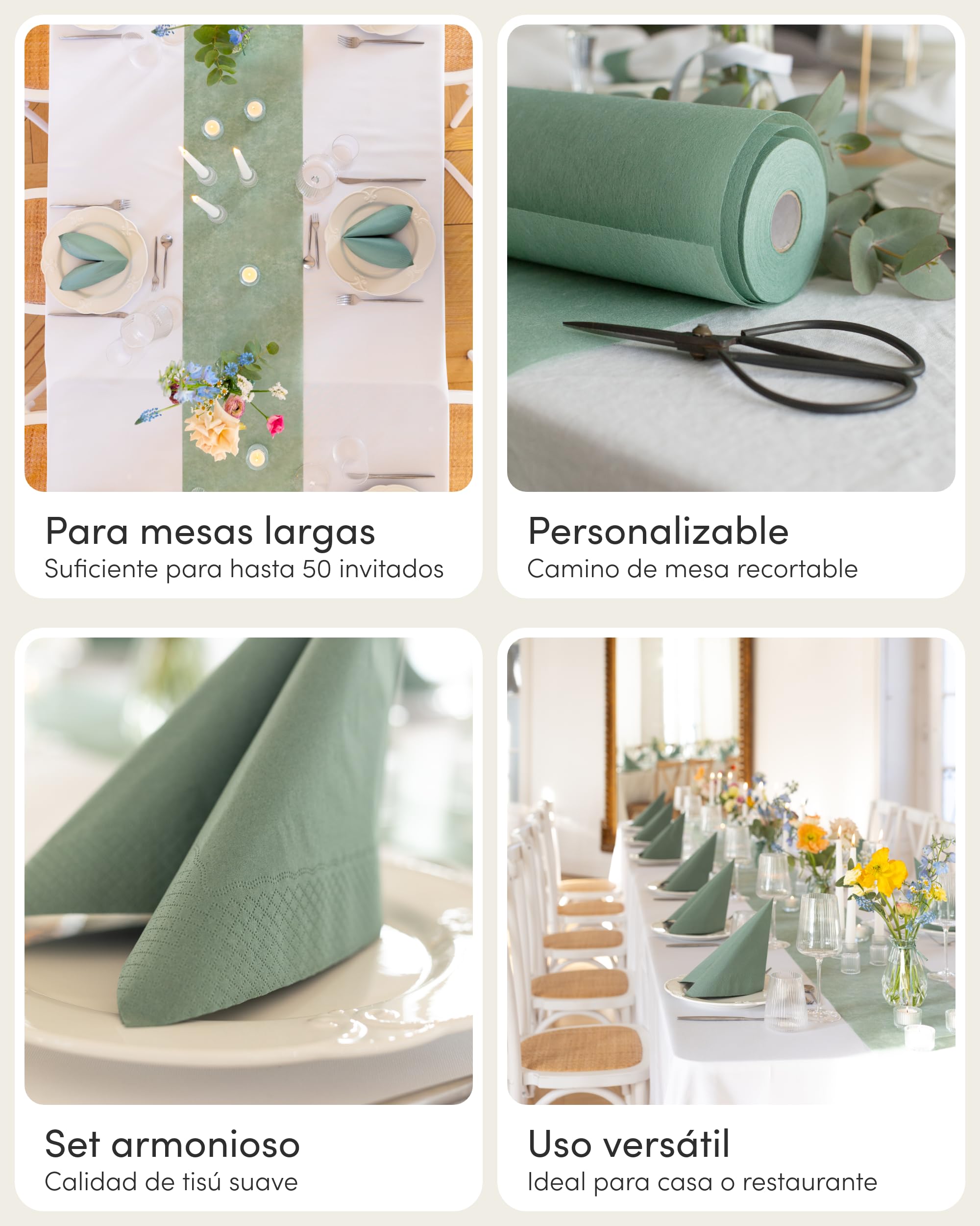 100% Mosel Set de Decoración de Mesa – Verde Eucalipto (25–50 invitados) Camino de Mesa de Vellón y Servilletas de Papel para Boda, Bautizo, Comunión & Cumpleaños