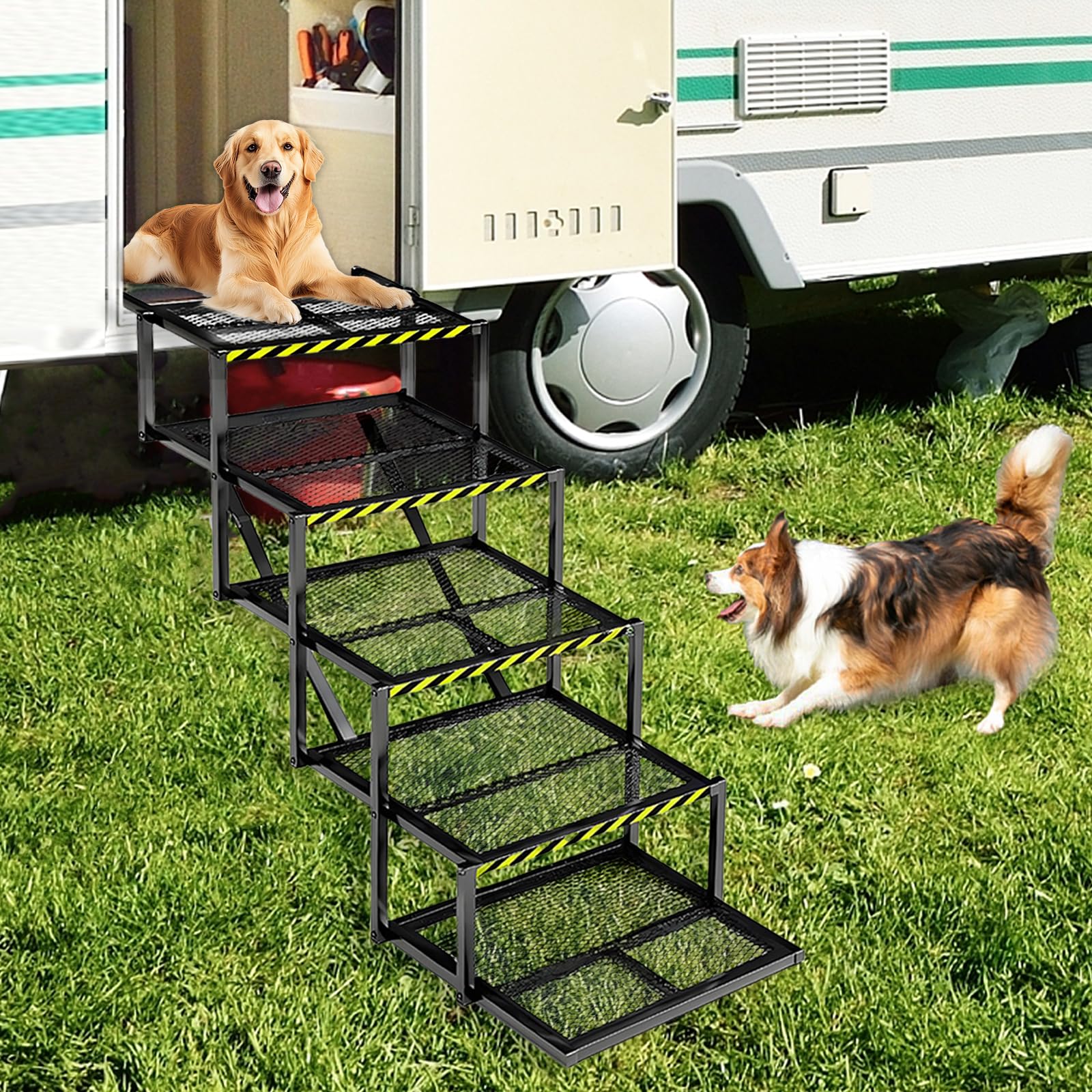 Rampa para Perros, Escaleras Perros 5 Peldaños Rampa Plegable Coche Perros Pequeños Medianos Y Grandes Escaleras Antideslizantes para Camiones Y SUV Soporta hasta 100Kg 35-90cm Altura Ajustable