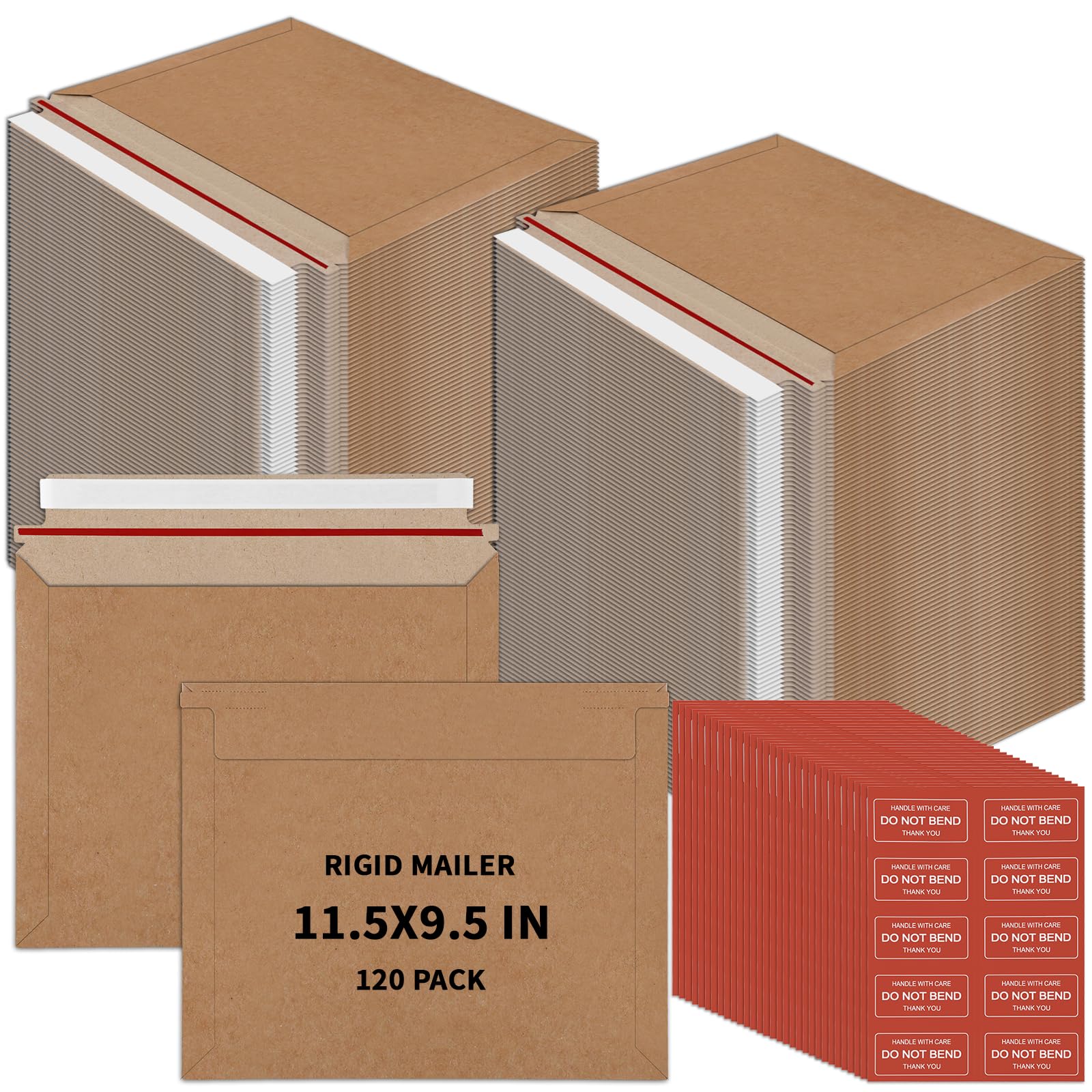 View 1 of 120 Pack 11.5 x 9.5 Inch Kraft Rigid Mailers with Do Not Bend Stickers