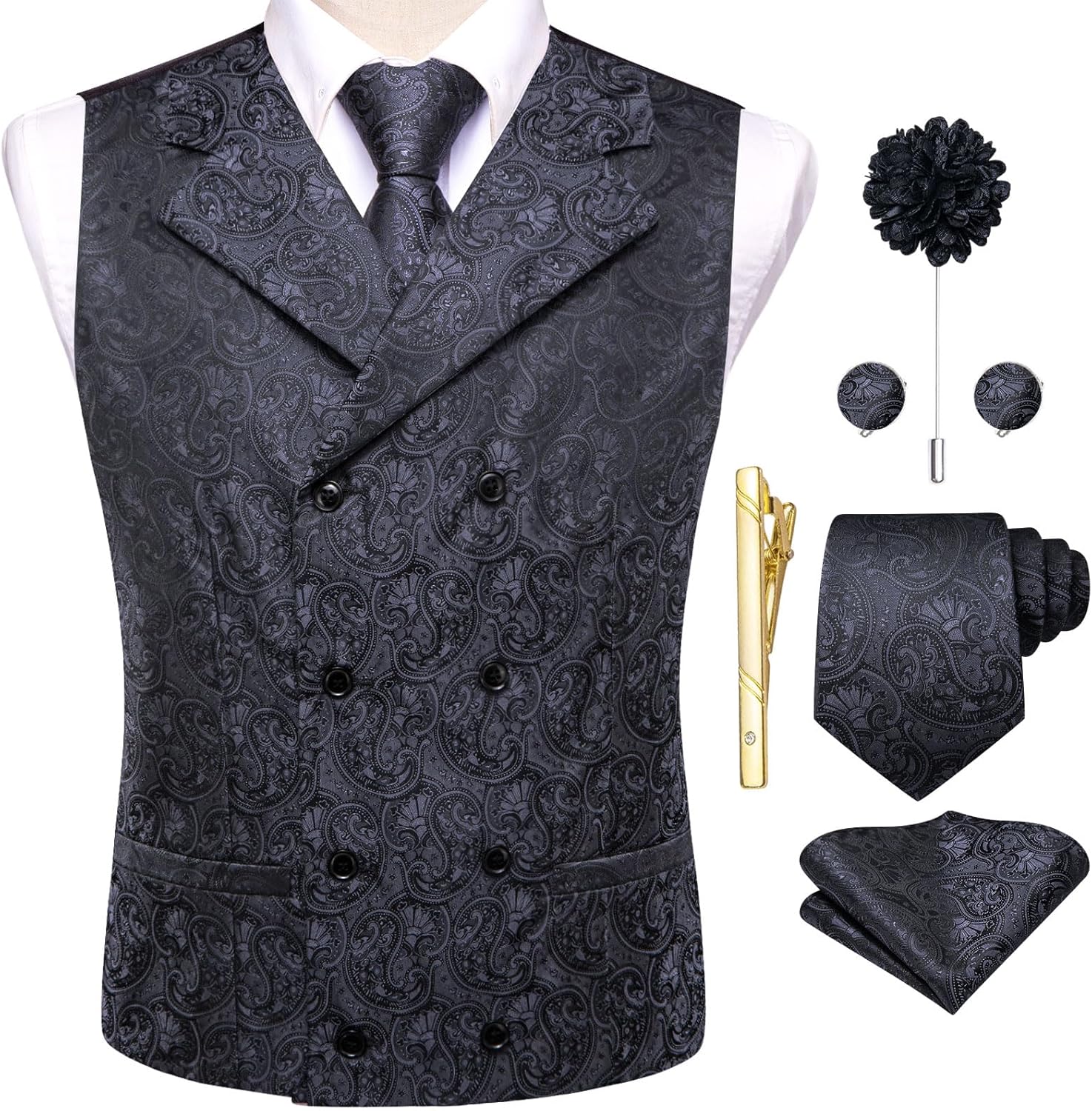 Hi-Tie Mens Silk Paisley Victorian Suit Vests Tie Set Lapel Pin Gold Tie Clip Double Breasted Steampunk Tuxedo Waistcoat