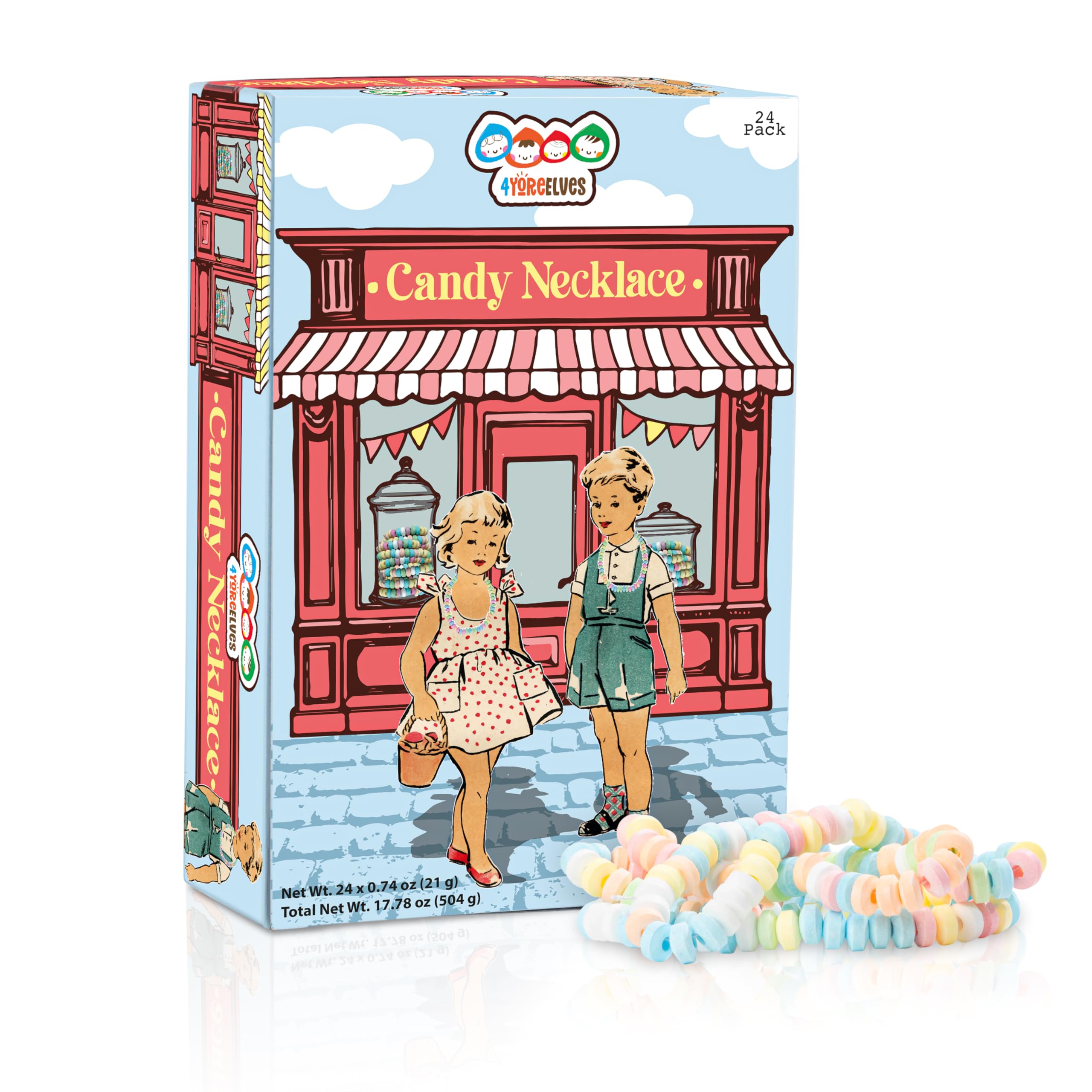 24 Pack of Candy Necklaces Individually Wrapped, Choker Style, Nostalgic Pastel Candy Jewelry Perfect for Party Favors, Pinata Fillers and Goodie Bags, Packed in a Convenient Display Box, By