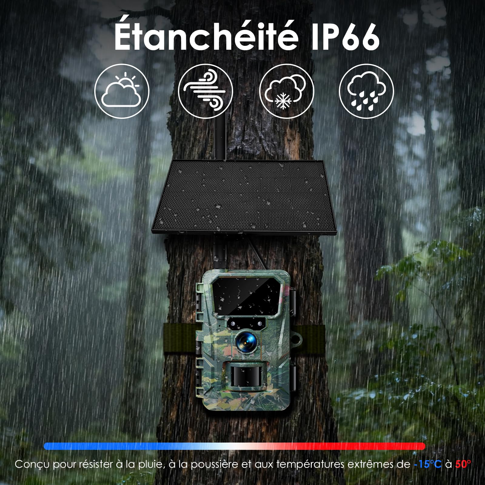 WOLFANG Solaire Caméra de Chasse 4G, 48MP 2K HD Camera Chasse avec Détection de Mouvement, 5200mha Batterie, Vision Nocturne, Déclenchement 0,2s, IP66 Etanche