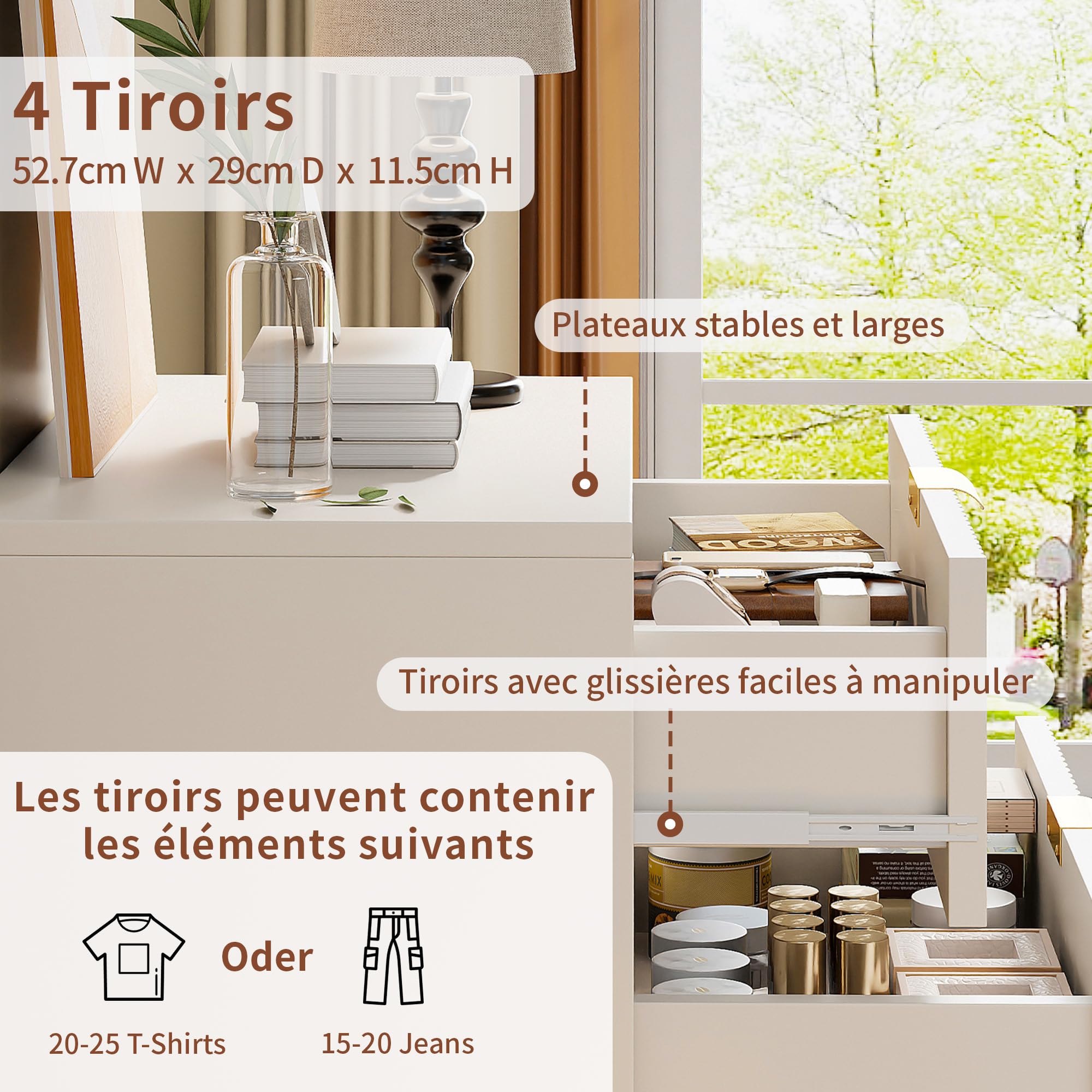 Commode 4 Tiroirs 60cm, Commode pour Chambre à Coucher, Enfant, Salon ou Couloir, Moderne Tiroirs Meuble de Rangement, 60x34x91 cm, Blanc (4 Tiroirs Blanc)