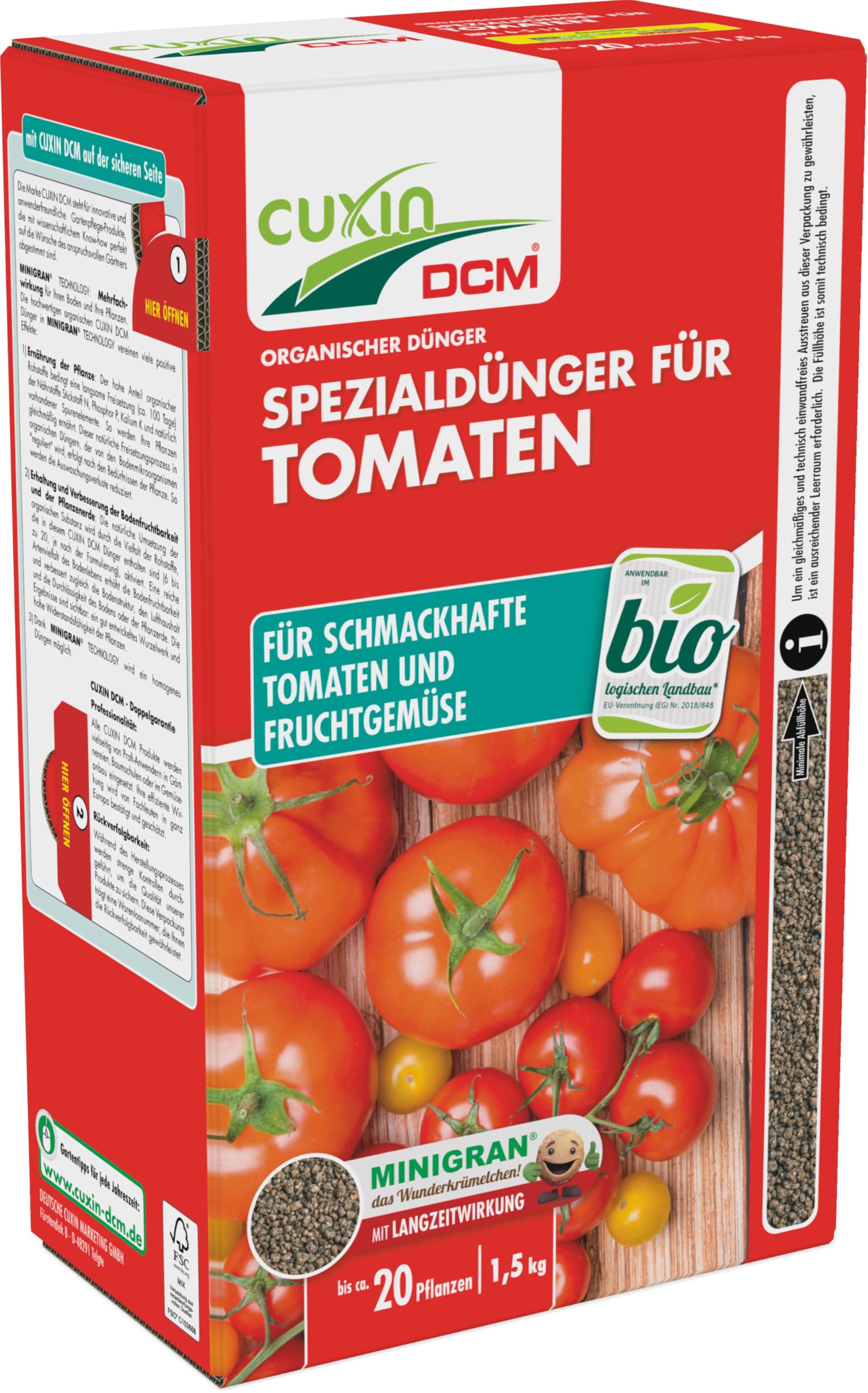 CUXIN DCM Engrais spécial pour tomates – Engrais pour tomates – Avec technologie MINIGRAN® – Engrais pour tomates – Engrais bio organique – 1,5 kg pour 20 plantes