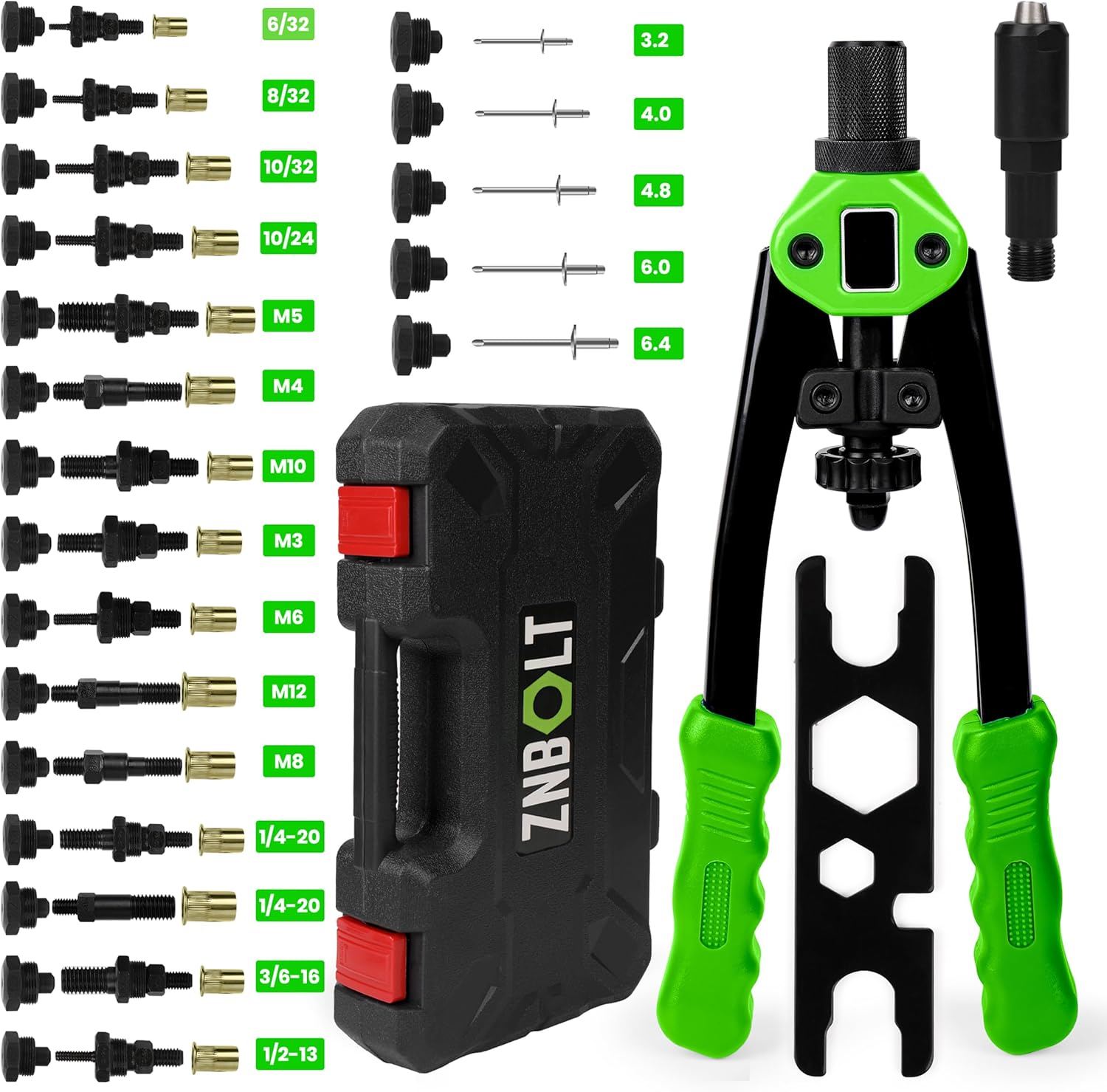 Dual Function Hand Rivet Gun with Rugged Carrying Case – Heavy Duty Single Hand Riveter with 400+ pcs Rivet Nuts, 15 Mandrels, 5 Rivet Nozzles, Blind Rivets for Plastic, Wood, Metal, Leather