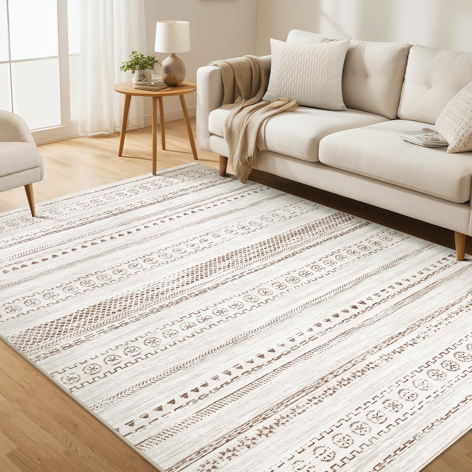 Photo 1 of kakania 7x9 Washable Area Rug: Non Slip Soft Thin Carpet, Boho Geometric Modern Decor, Easy Clean Indoor Floor Rugs for Living Room Bedroom Kids Dorm Office Dining - Brown