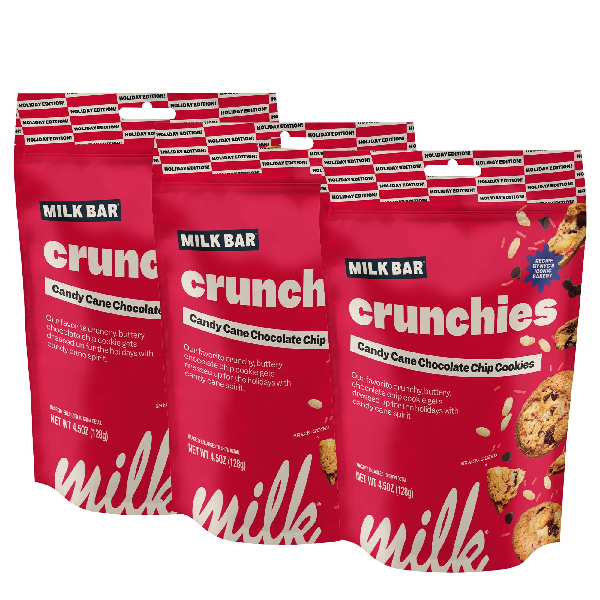 Milk BarHoliday Crunchies | Crunchy Bite Sized Cookies With No Artificial Flavors or Preservatives | Pack of 3, 4.5oz Bags (Candy Cane Chocolate Chip)