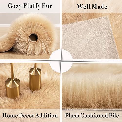 Miniatura 10 de Carvapet - Alfombra redonda de piel de oveja sintética, alfombra redonda de piel falsa, esponjosa, decoración del hogar, sala de estar, alfombra