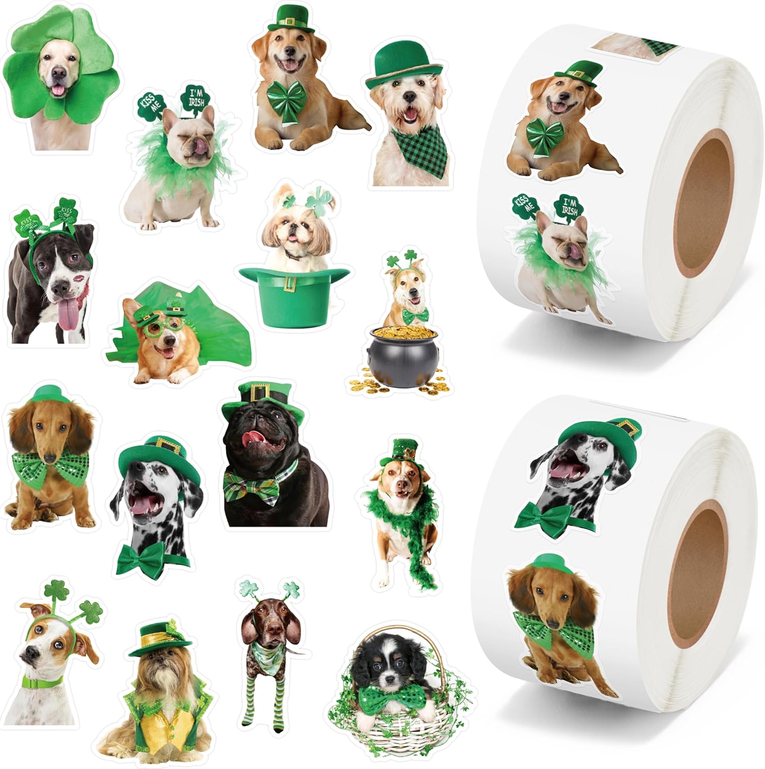 H1vojoxo St. Patrick's Day Sticker Rolls - 1000PCS Irish Shamrock Holiday Dog Stickers for Kid 16 Designs St. Patrick's Cute Dog Realistic Sticker for Craft St. Patrick Funny Dog Stickers for Envelope