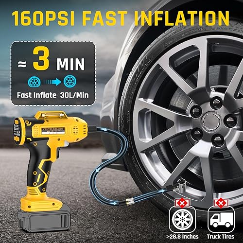 Miniatura 2 de Inflador de neumáticos, compresor de aire portátil compatible con batería Dewalt de 20 V, fuente de alimentación de automóvil de 12 V CC, bomba de