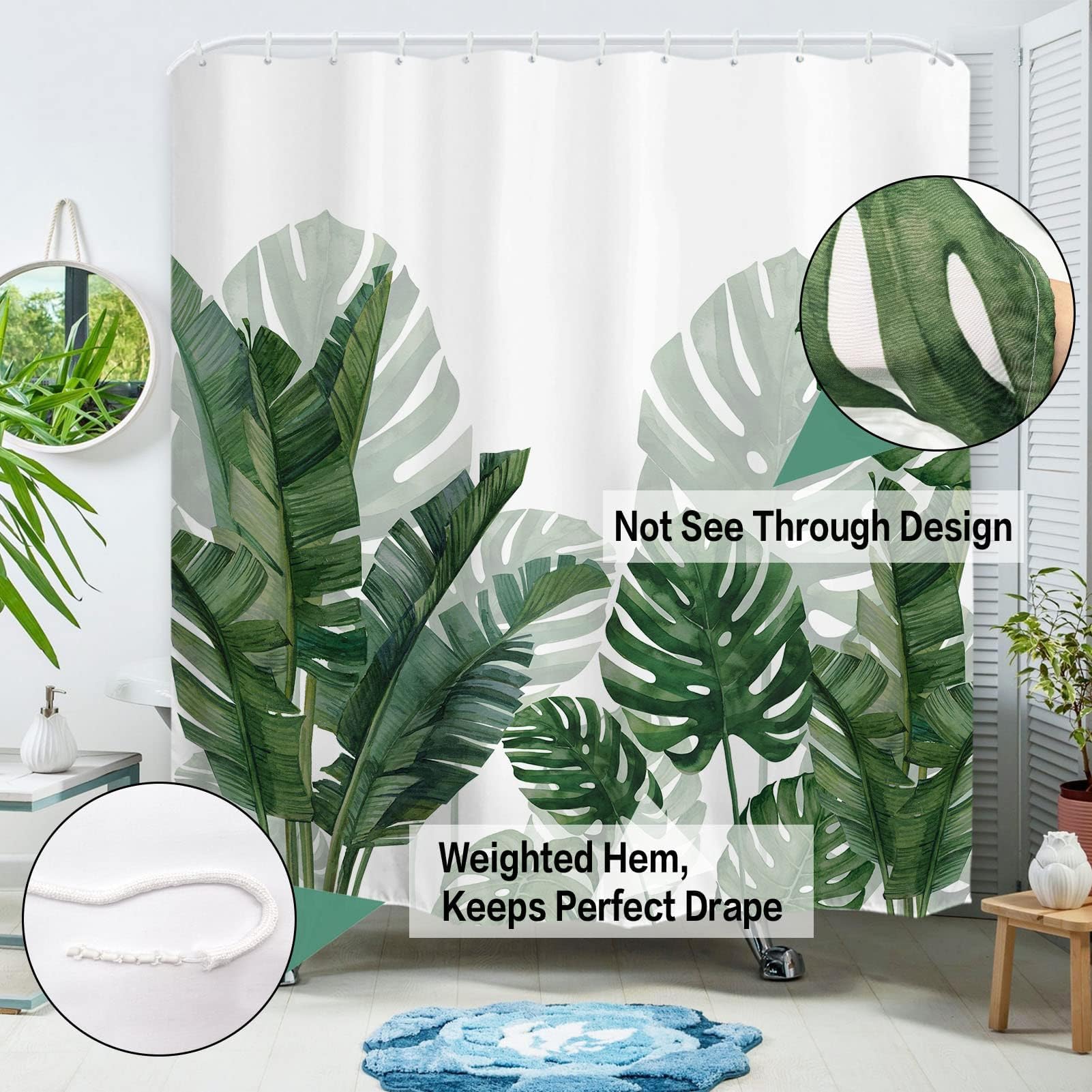 Tenda da doccia con foglie di palma astratta verde tropicale tenda da bagno con gancio Piogge di metà secolo giungla botanica tenda da doccia impermeabile per vasca da bagno 183 x 183 cm