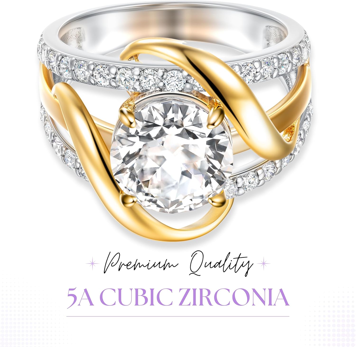 4Ct 925 Sterling Silver Round Cubic Zirconia Bow Solitaire Ring Two tone CZ Engagement Ring for Women Size 5-10