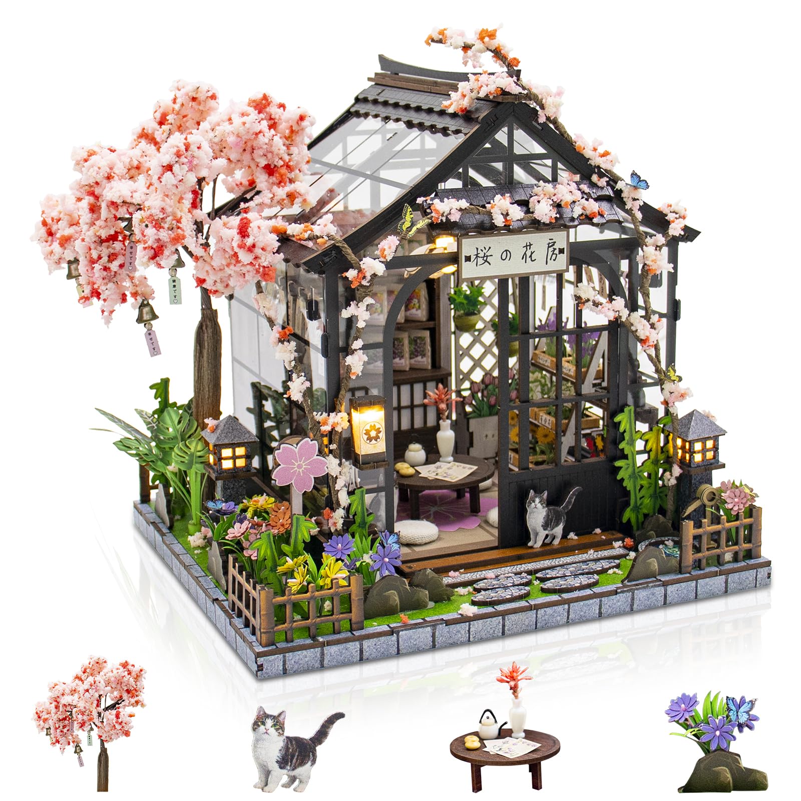 Foyucool Miniature House Kit for Adults, Sakura Greenhouse, DIY Diorama Model Building with Furniture, Creative Craft Kit for Bookshelf Decoration, Unique Gift for Birthday, Mother's Day