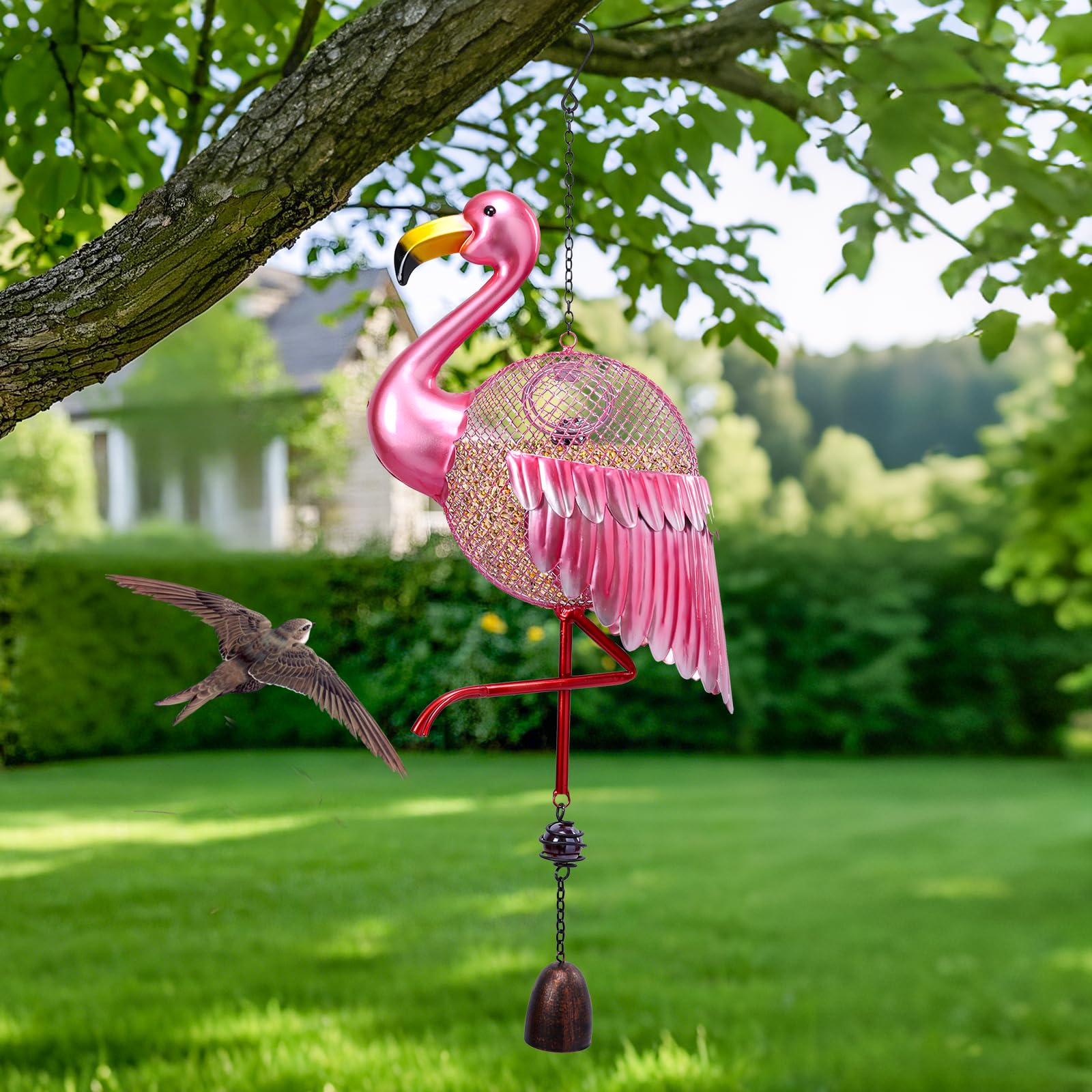 Yinns Comederos para pájaros – Comedero para pájaros silvestres a prueba de ardillas para exteriores, comederos de pájaros con forma de flamencos, comedero colgante de metal para decoración de jardín