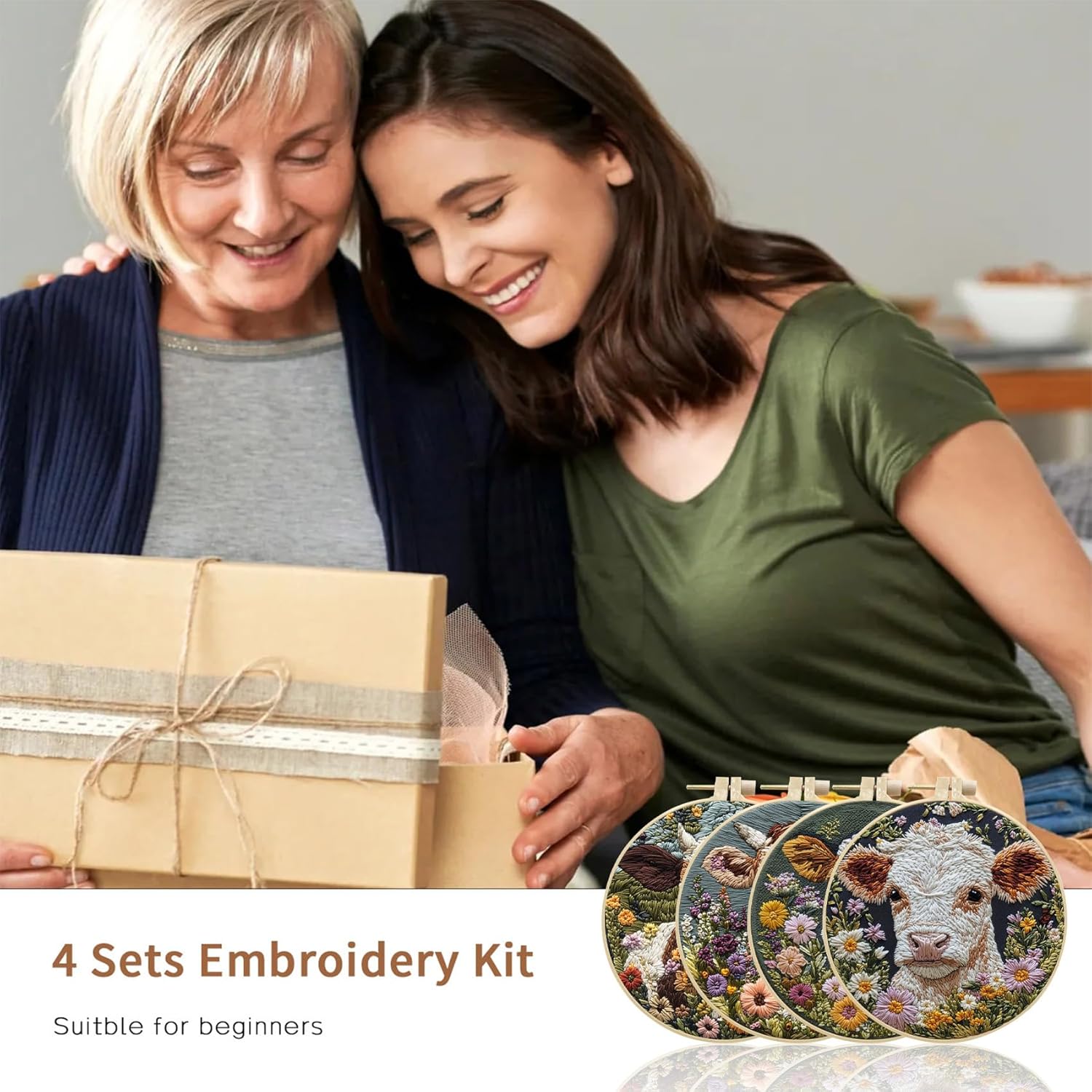 LB 4 Pack Farmhouse Cow Embroidery Kit for Beginners Rustic Floral Plant Beginner Embroidery Kit for Adults DIY Starter Kit with Embroidery Hoop Colorful Threads Tools and Instructions